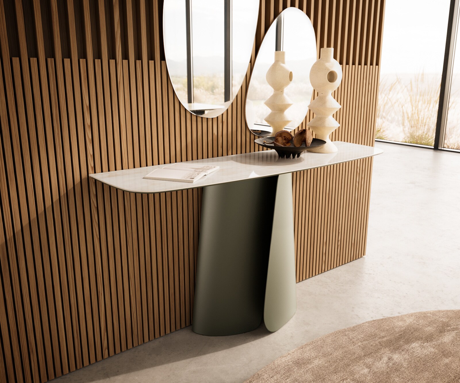 Consoletafel Edge Bootvorm 140x40 cm Keramiek Onyx Champagne Livos Metaal Effektfinish Titan 4
