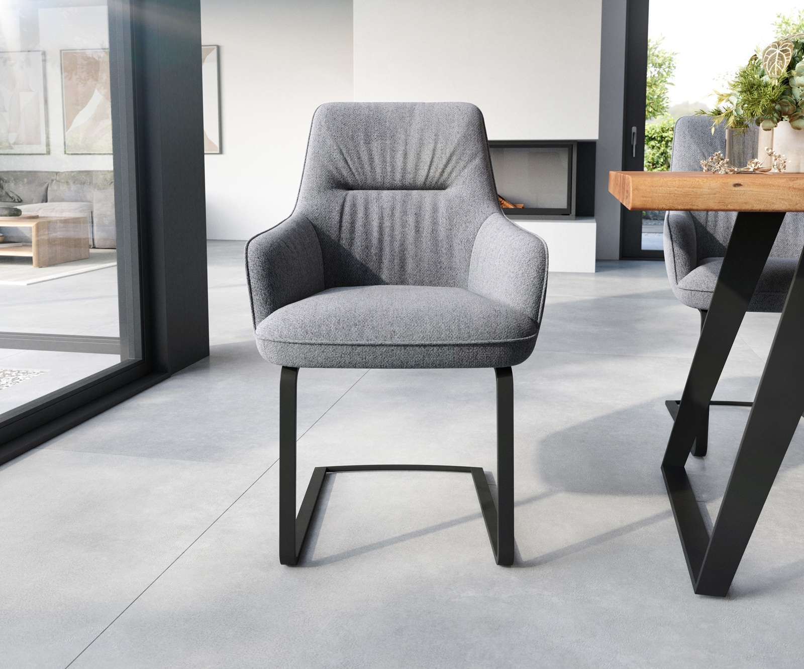 Sledemodel Zelia-Flex met armleuning structuurstof lichtgrijs sledemodel vlak zwart pocketveer kern 1 Sledemodel Zelia-Flex met armleuning structuurstof lichtgrijs sledemodel vlak zwart pocketveer kern 1