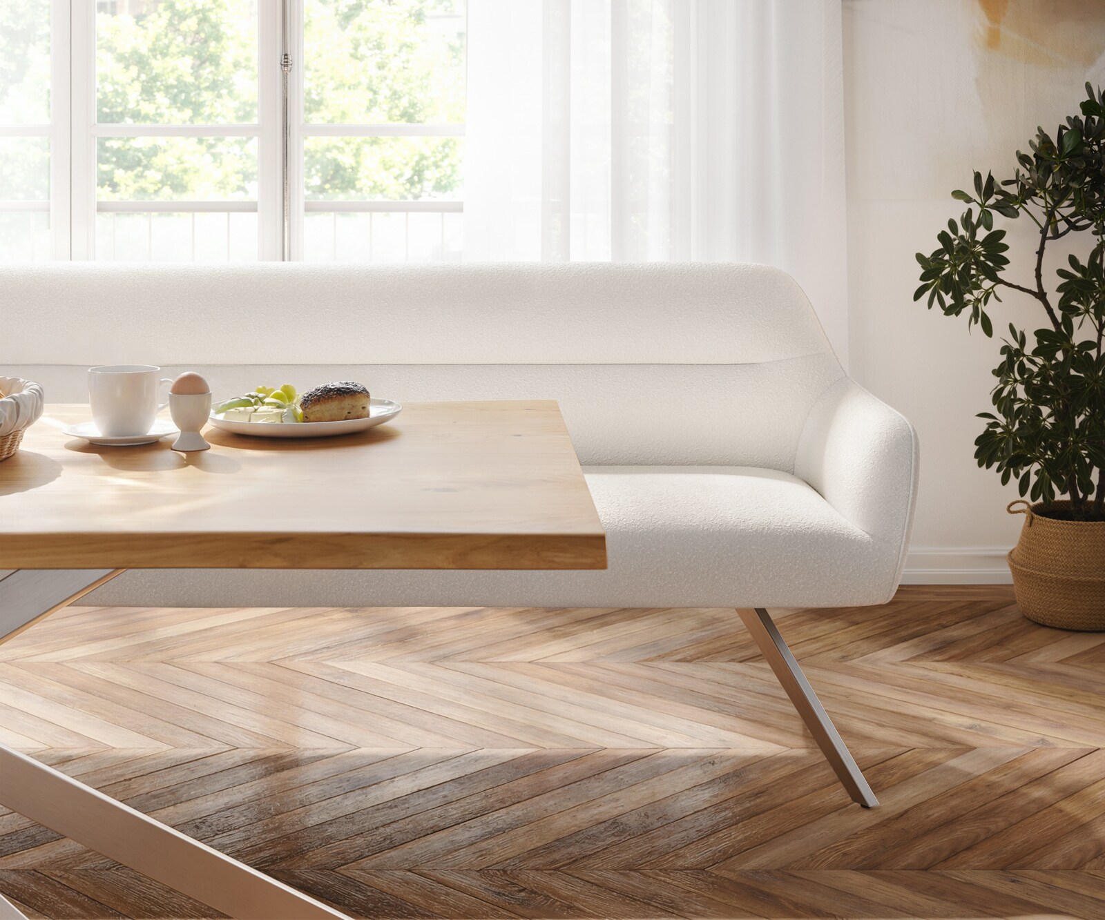 Eetkamerbank Taya-Flex 200 cm bouclé crème-wit hoekig kruisframe roestvrij staal pocketvering 3