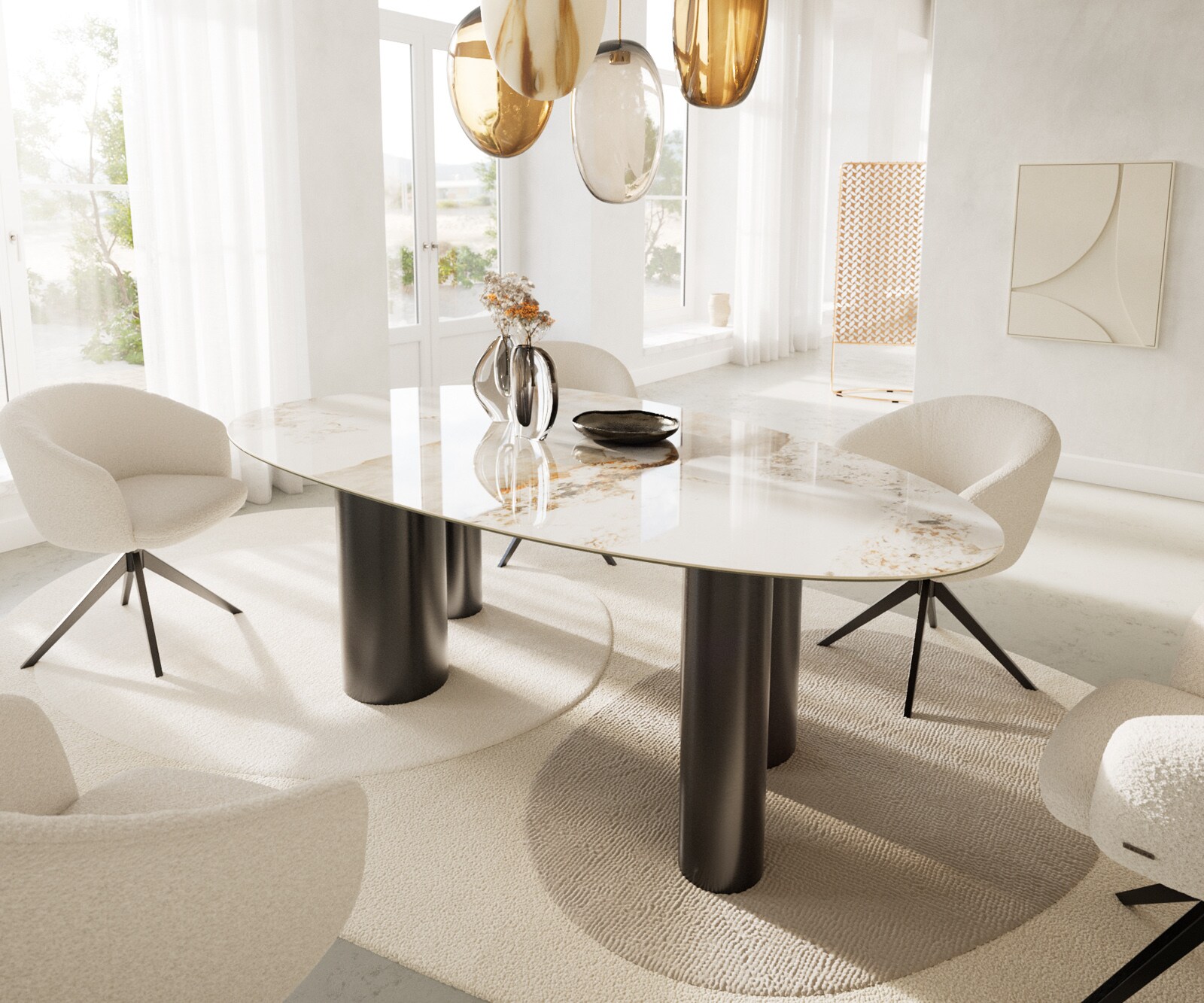 Eetkamertafel Edge ovaal 220x120 keramiek Minas Melange wit-Beige Pilier roestvrij staal grafiet 1
