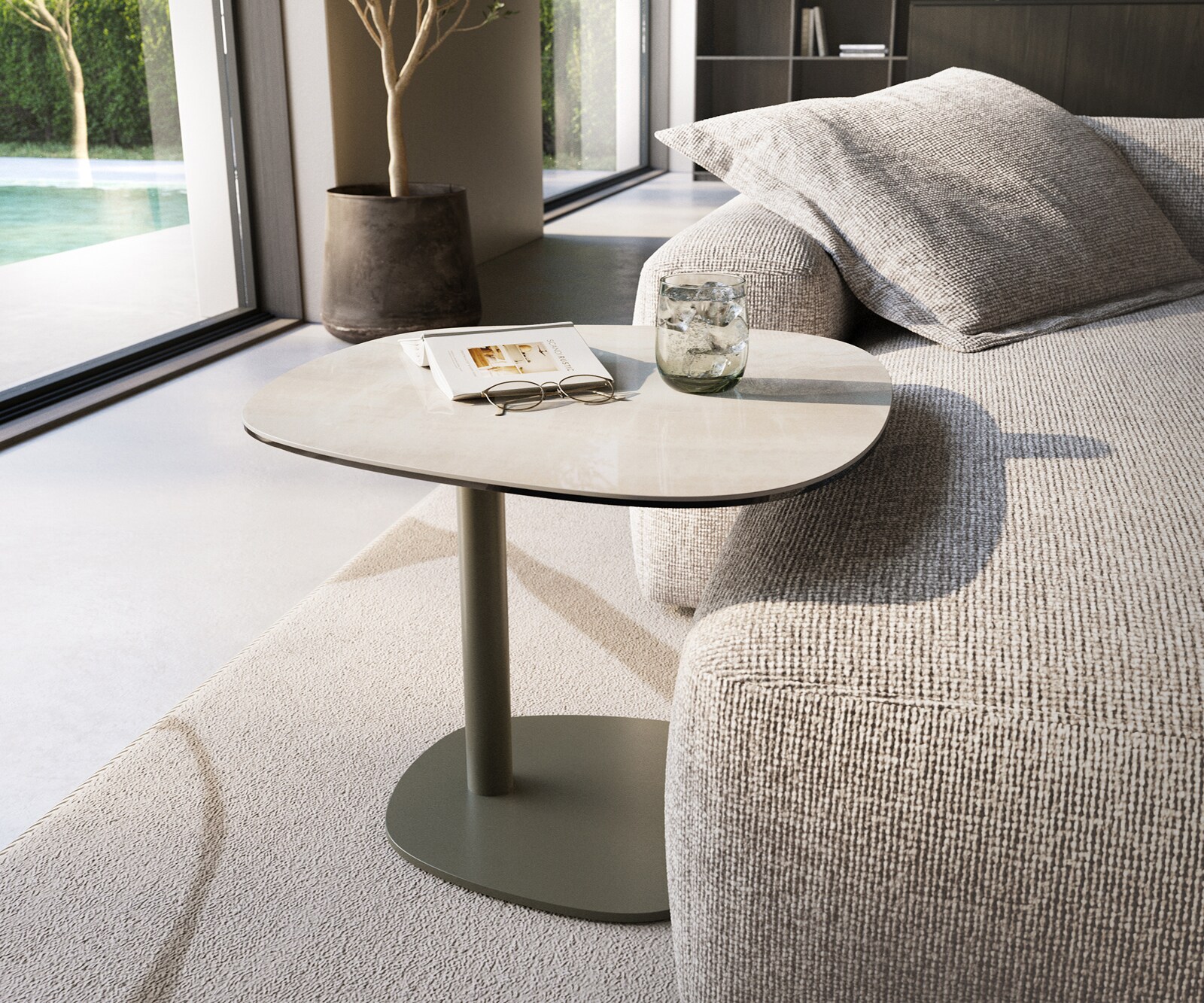Bijzettafel Edge bootvormig 60x60 cm keramiek Onyx Champagne Eleny metaal effectafwerking titaan 1