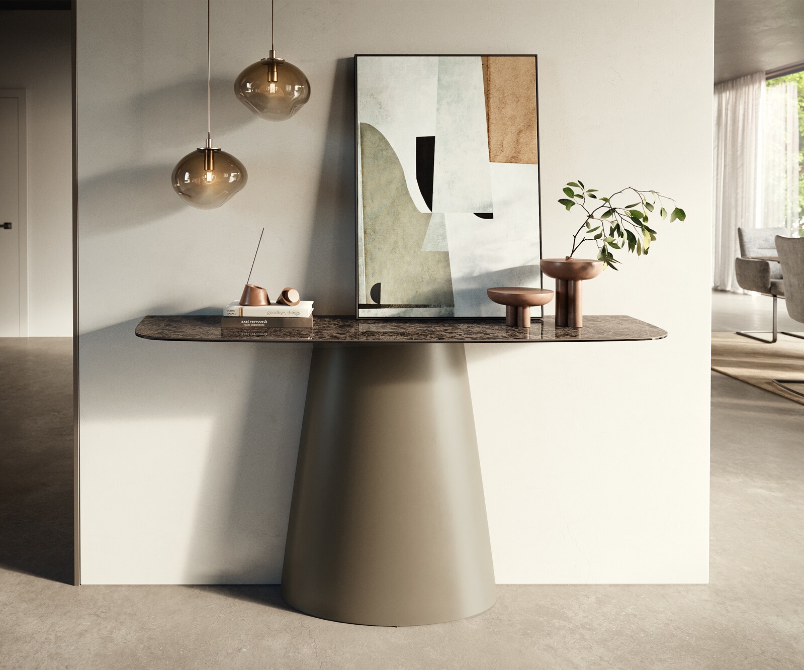 Consoletafel Edge Bootvorm 140x40 cm Keramiek Emperador Extra Lucidato Dunkelbraun Conos Metaal Effektfinish Titan