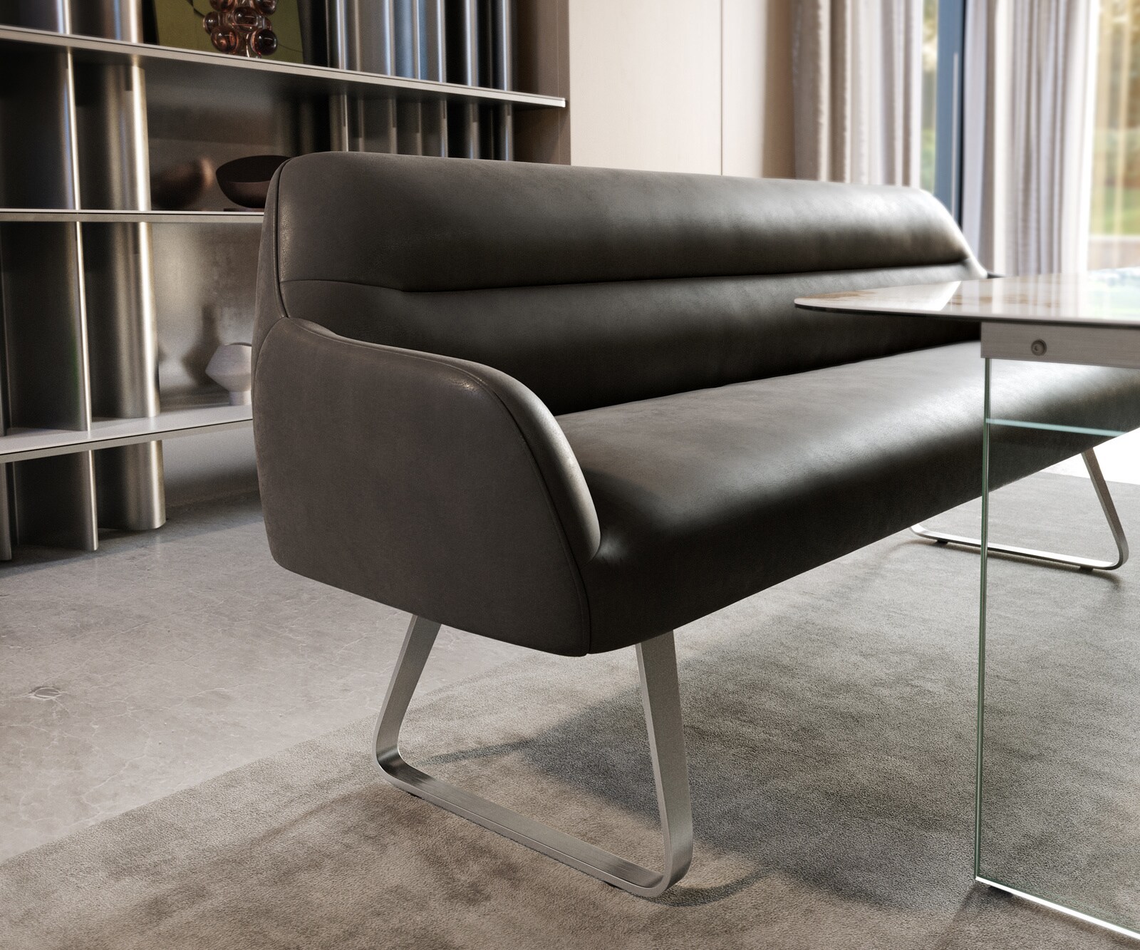 Eetkamerbank Taya-Flex 200 cm microvelours anthraciet vintage platte sledebasis roestvrij staal pocketvering 4