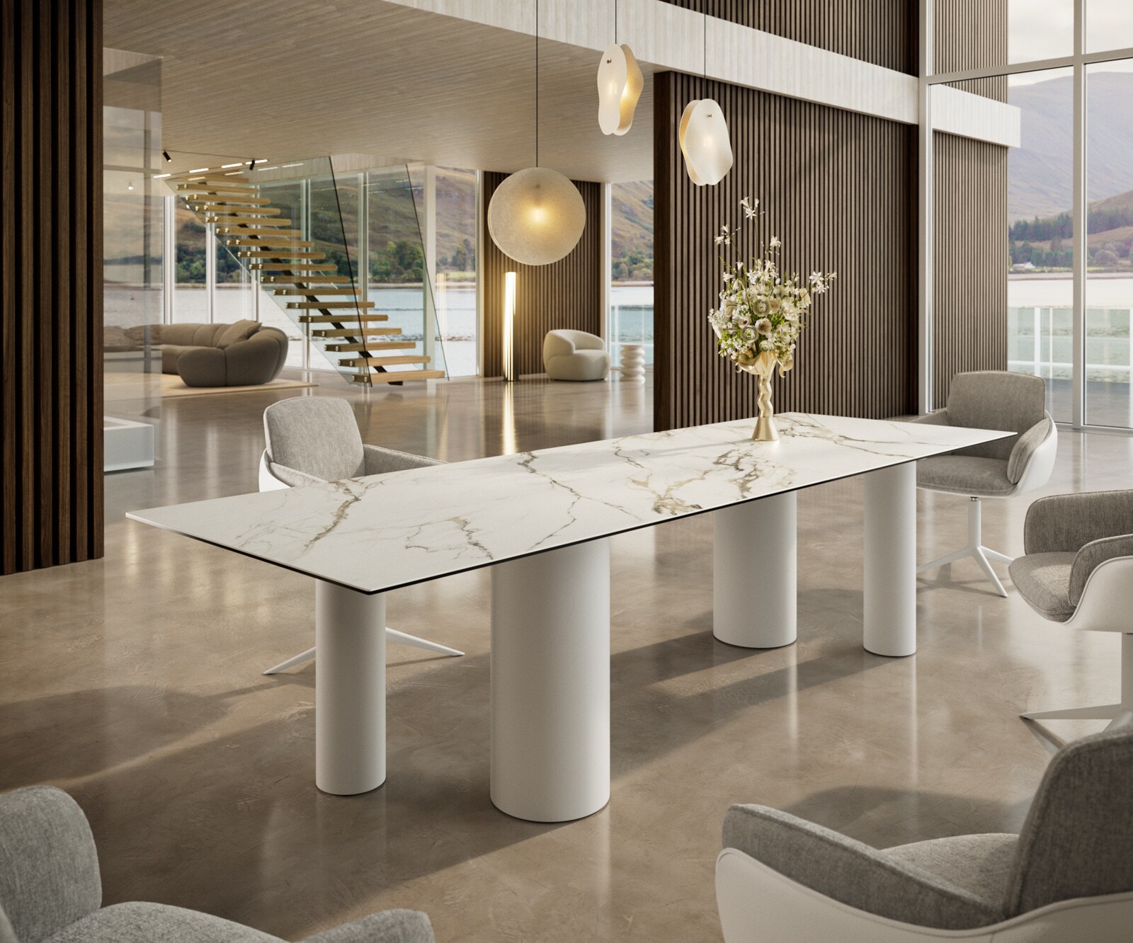 Eetkamertafel Edge 300x100 keramiek Calacatta Luxe wit-Gold-grijs Pilier metaal wit 1