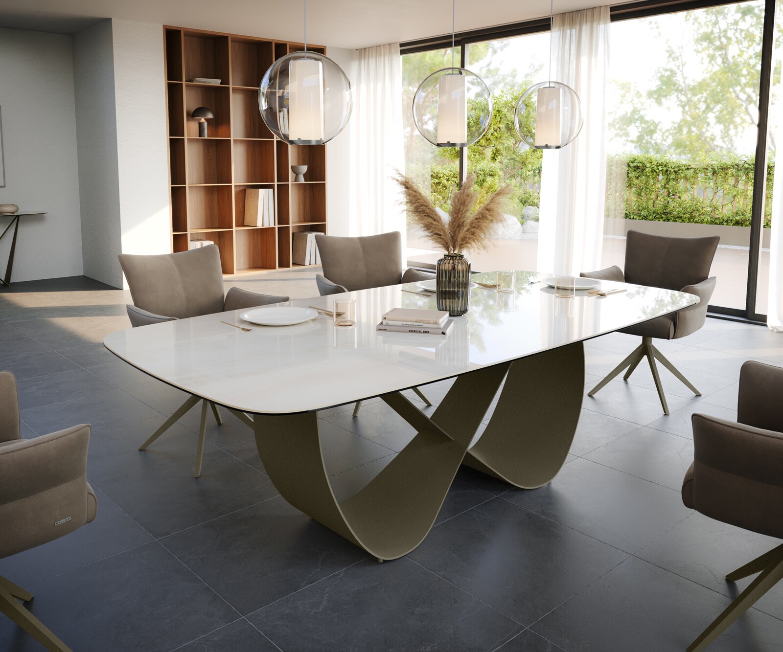 Eettafel Edge Boot 240x120 cm Keramiek Onyx Champagne Infinity Metaal Effectafwerking Titan