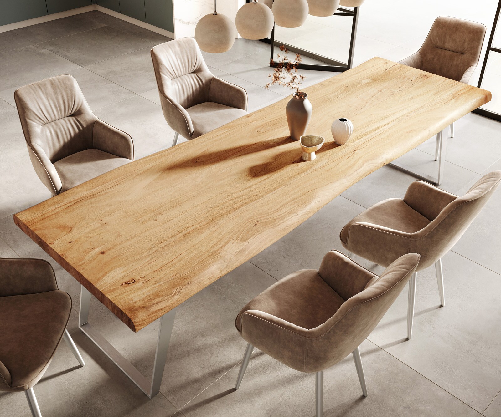 Eettafel Edge 300x100cm XL acacia natuur roestvrijstaal zilver schuin Live-Edge 4