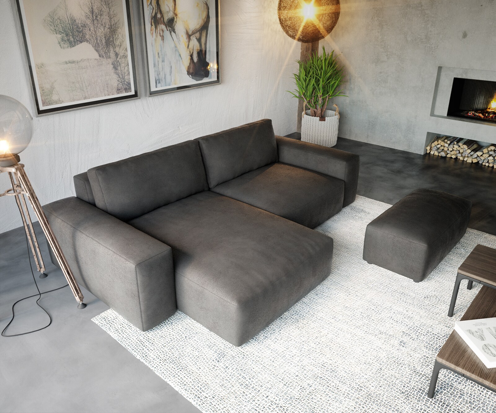 Hoekbank Lanzo XL kunstleer vintage antraciet 270x180 cm variabele rugleuning met poef 3