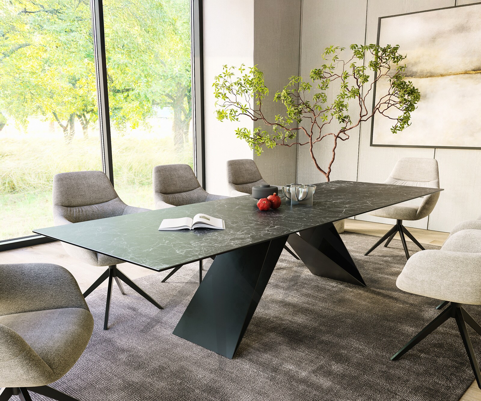 Eettafel Edge 300x100cm Laminam® keramiek grijs V-middenpoot zwart