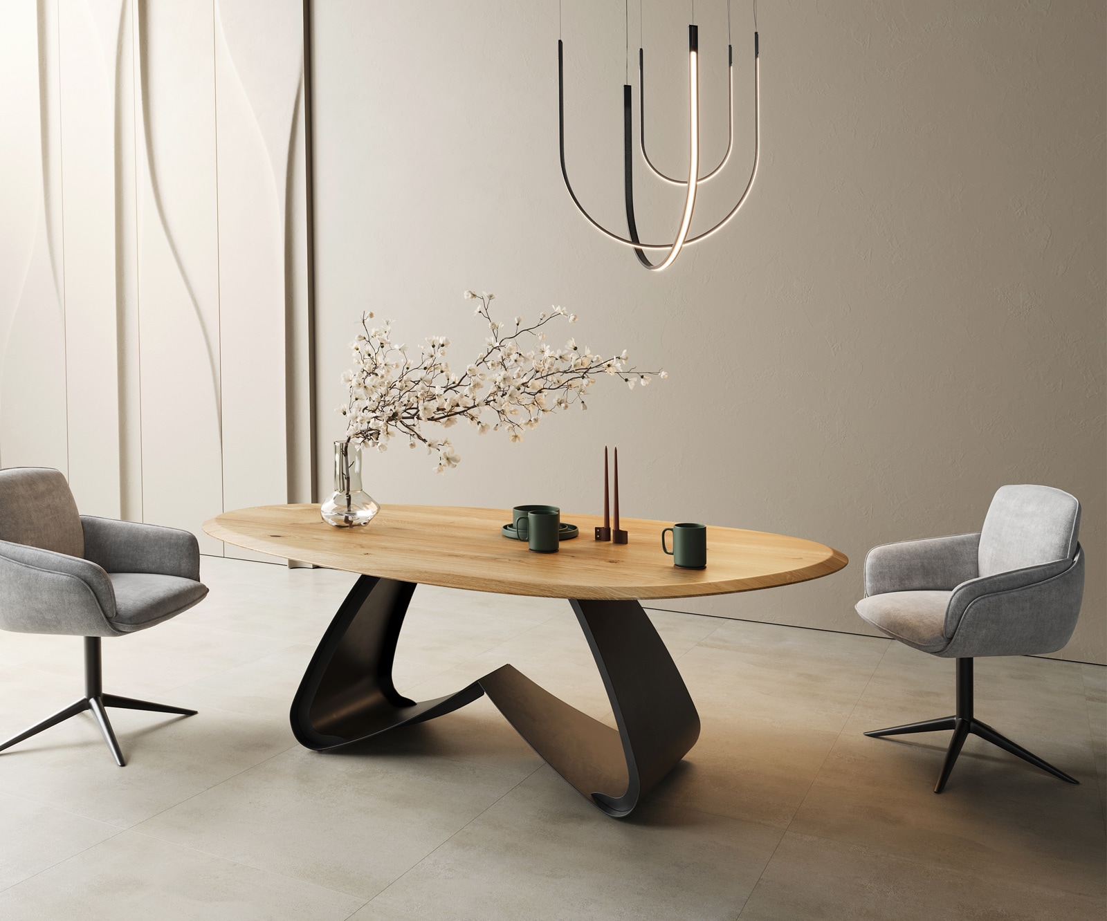 Eettafel Edge Oval 220x120x2,5 eiken natuur W-frame metaal zwart Flow-Edge 2