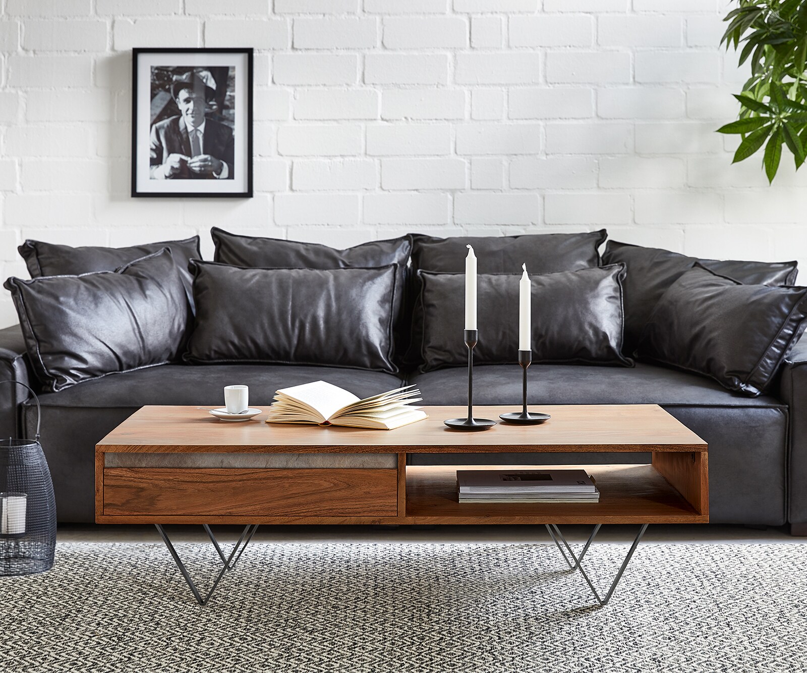 Salontafel Stonegrace 115x60 cm acacia bruin Leisteen 2 laden 1 legplank V-poot zwart 1