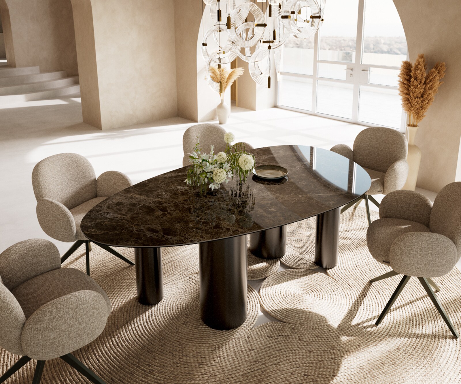 Eetkamertafel Edge ovaal 220x120 keramiek Laminam®Emperador Extra Lucidato donkerbruin Pilier roestvrij staal grafiet 1