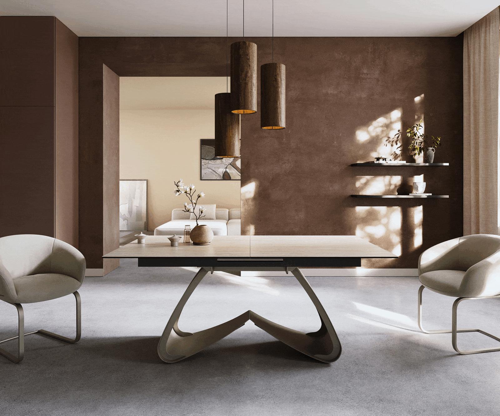 Eettafel Edge 180-220x90 keramiek  Laminam® Travertino Bianco Creme-wit W-frame effectafwerking Titan uitrekbaar 2