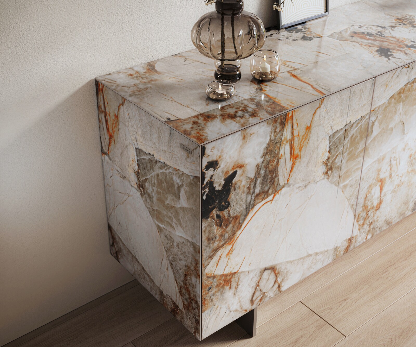 Dressoir Cuor 180 cm Keramiek Patagonia gepolijst 2 Deuren 3 Laden Zwevende voet look Roestvrij staal 6