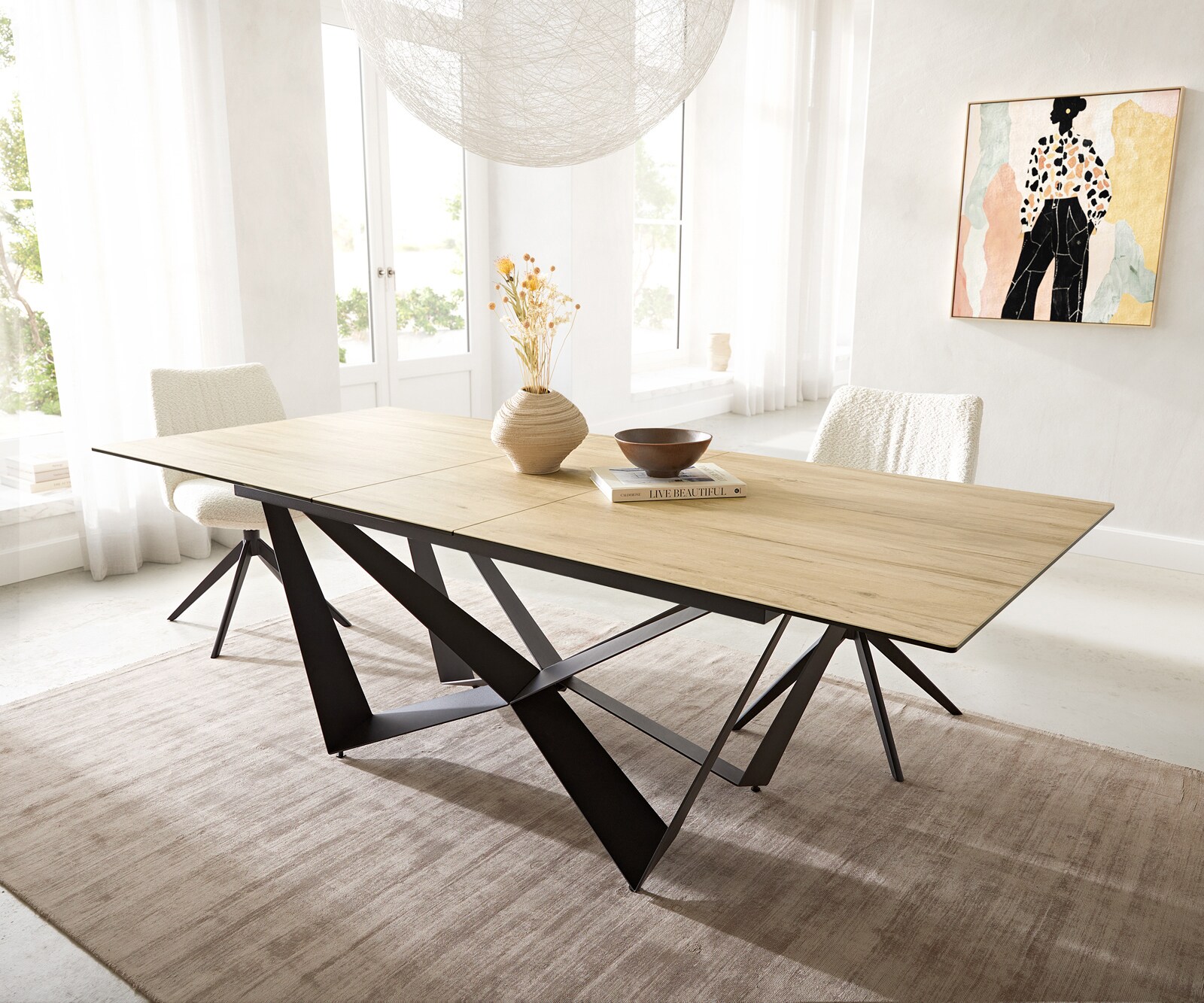 Eetkamertafel Edge 180-220x100 keramiek Laminam® Sabbia eiken kleur spider vlak staal zwart uitschuifbaar 2