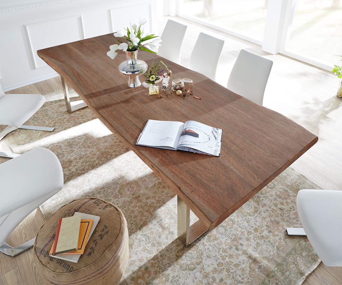 Eettafel Edge 300x100 XL acacia bruin roestvrijstaal smal Live-Edge 1 Eettafel Edge 300x100 XL acacia bruin roestvrijstaal smal Live-Edge 1