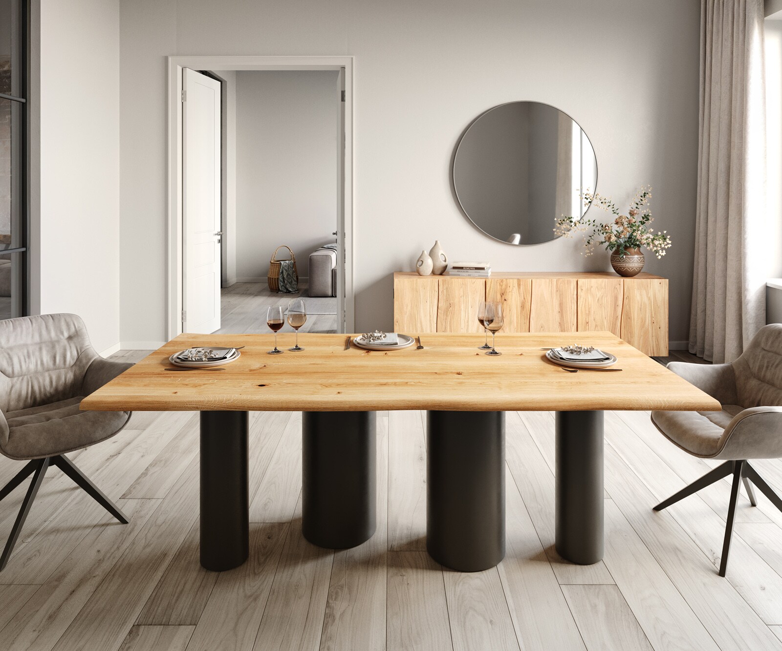 Eettafel Edge 200x100x2,5-3 eiken natuur Pilier metaal zwart Live-Edge 1