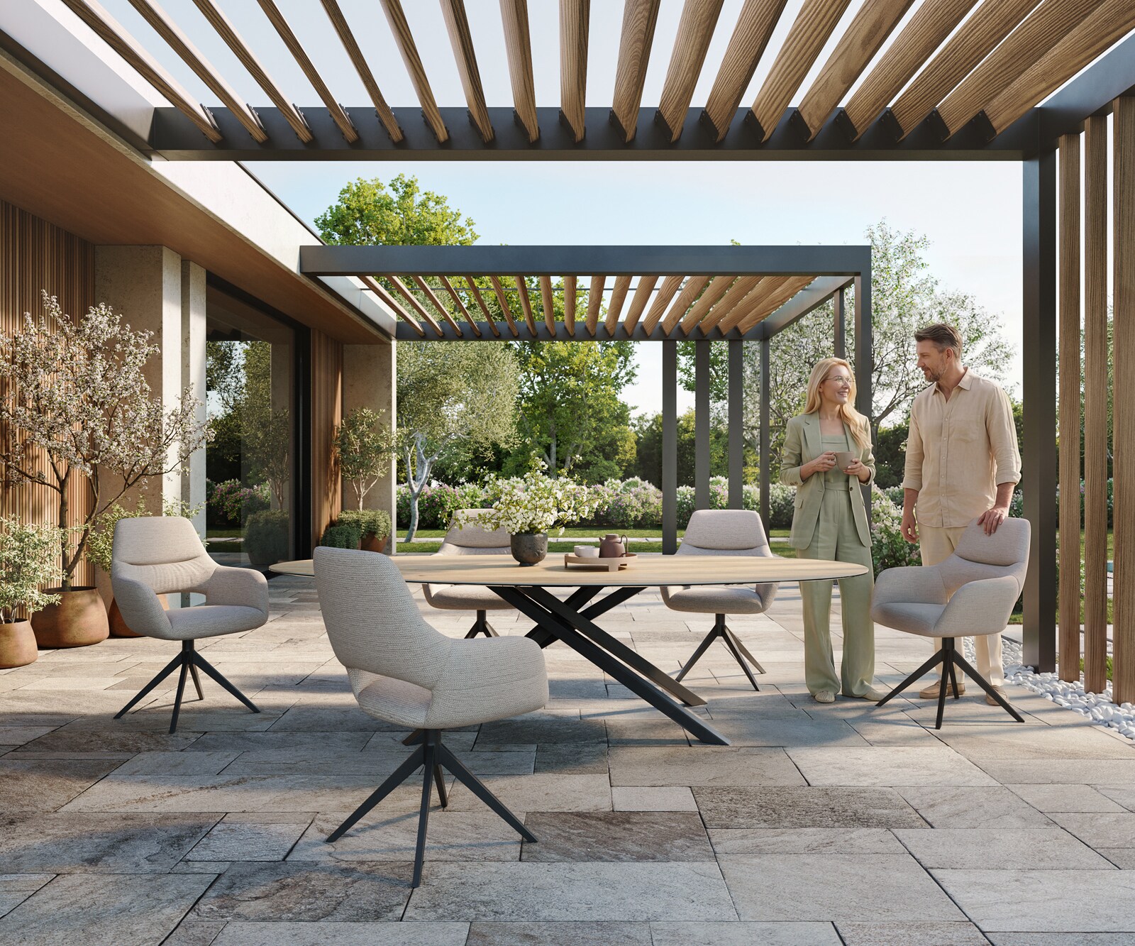 Outdoortafel Edge Ovaal 280x130 cm keramiek Laminam® Sabbia eikenkleurig kruispoot rechthoekig zwart 1