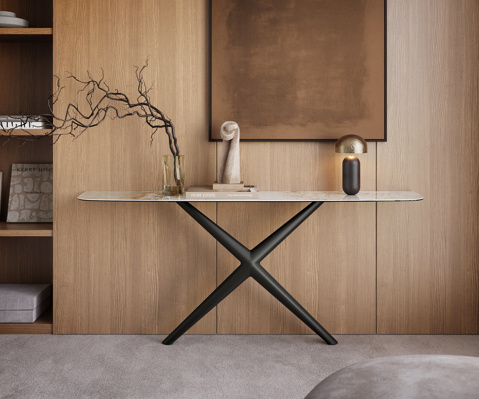 Consoletafel Edge Bootvorm 180x40 cm Keramiek Minas Melange Weiß-Beige Estelo Metaal Zwart 4