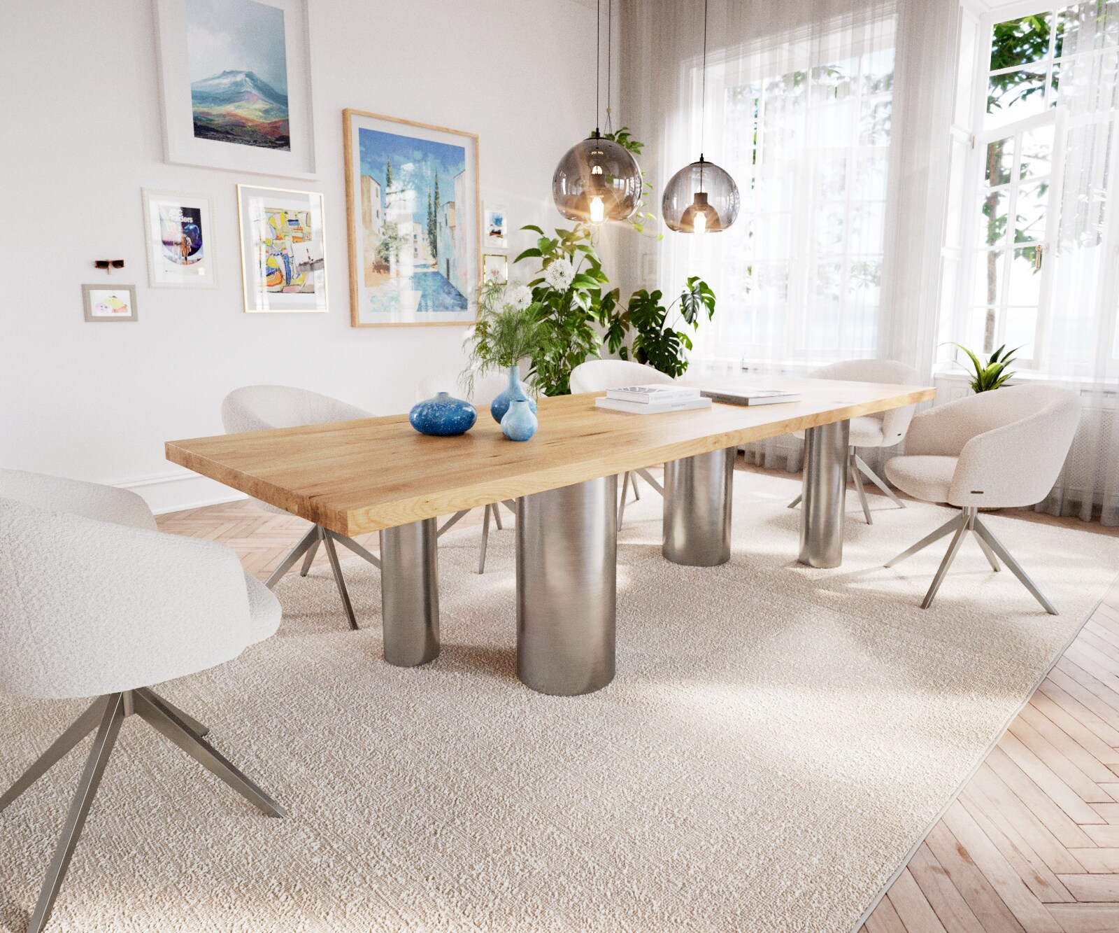 Eetkamertafel Edge 300x100 eiken natuurPilier roestvrij staal geborsteld 1