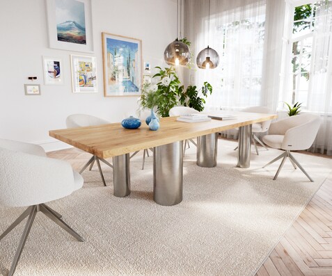 Eetkamertafel Edge 300x100 eiken natuurPilier roestvrij staal geborsteld