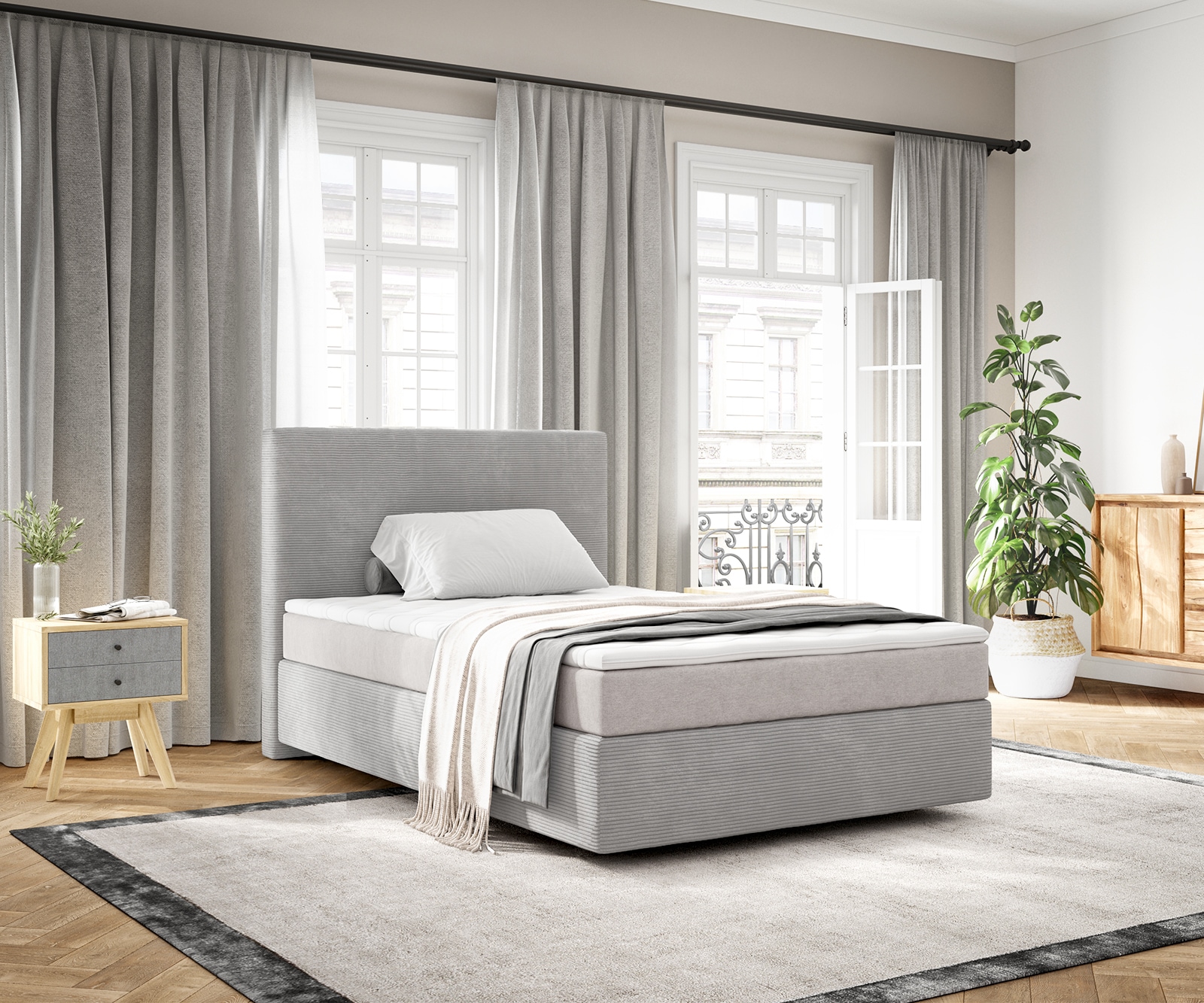 Boxspringbed Dream-Well 120x200 cm Cord Zilvergrijs met Pocketveringmatras en Topper Visco Boxspringbed Dream-Well 120x200 cm Cord Zilvergrijs met Pocketveringmatras en Topper Visco