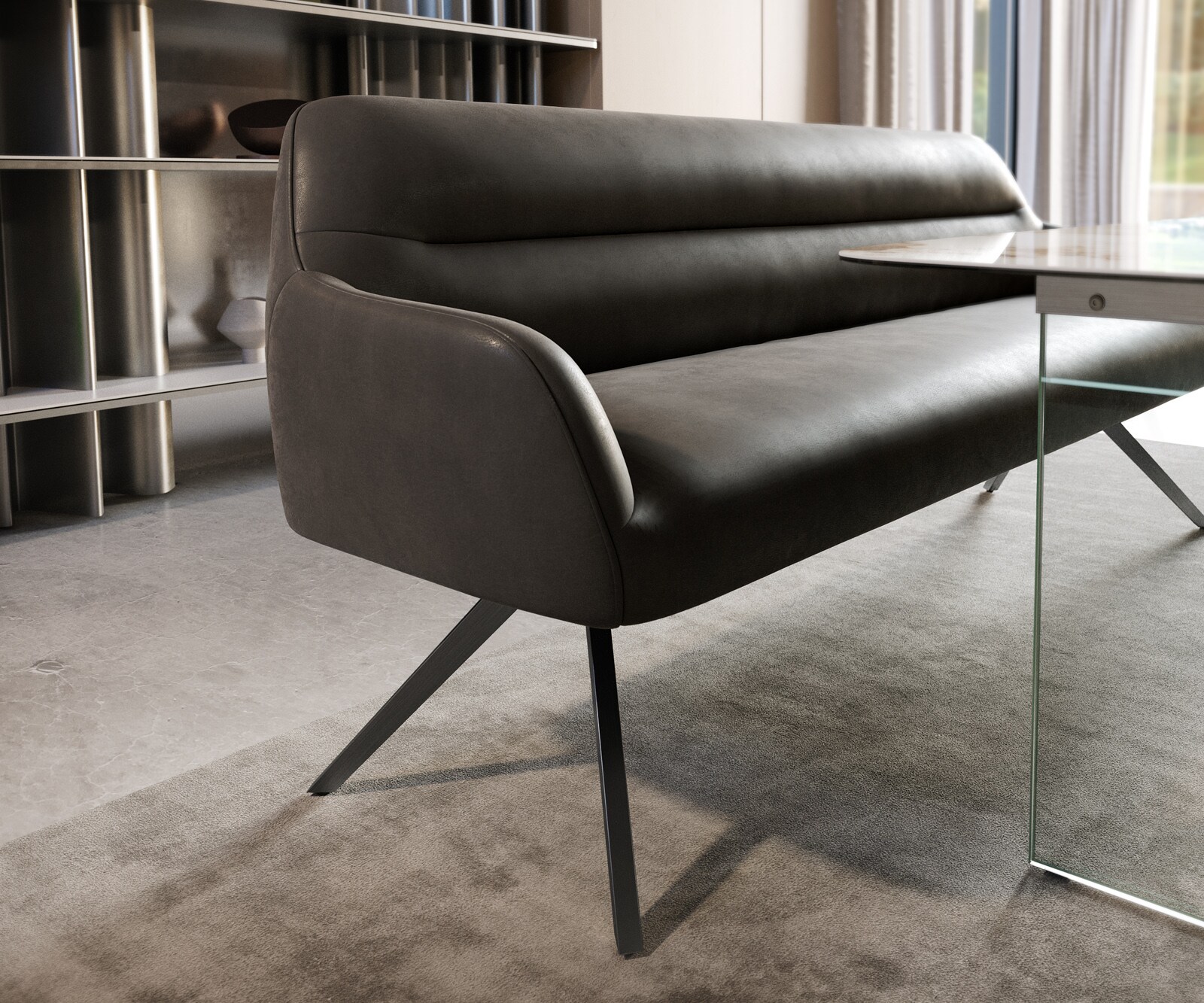 Eetkamerbank Taya-Flex 200 cm microvelours anthraciet vintage hoekig kruisframe grafiet pocketvering 4