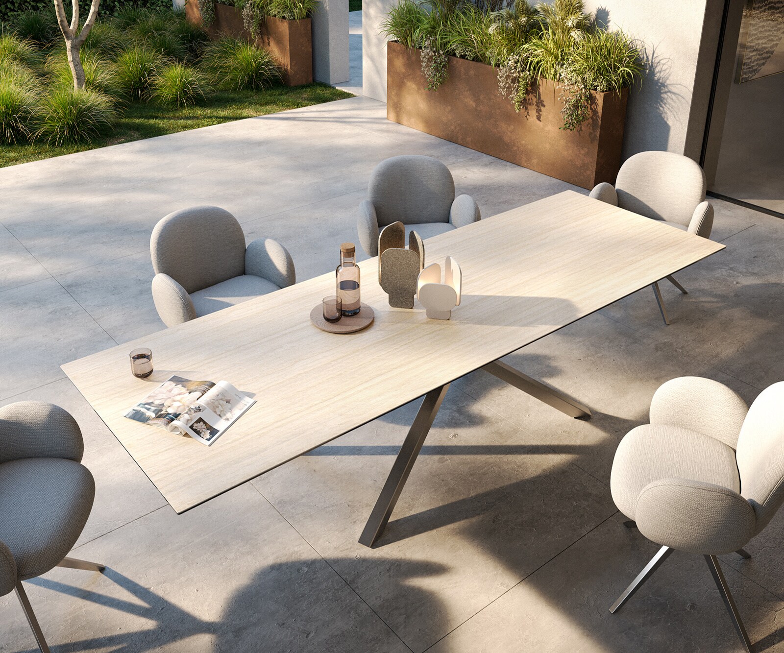 Outdoortafel Edge 300x100 cm keramiek Laminam® Travertino Bianco crème-wit kruispoot rechthoekig roestvrij staal 4