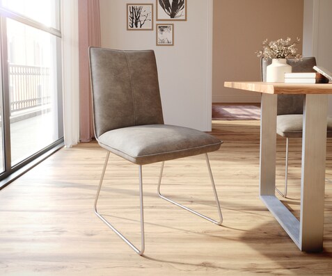 Eetkamerstoel Lelio-Flex microvelours taupe vintage slipframe roestvrij staal pocketveer kern
