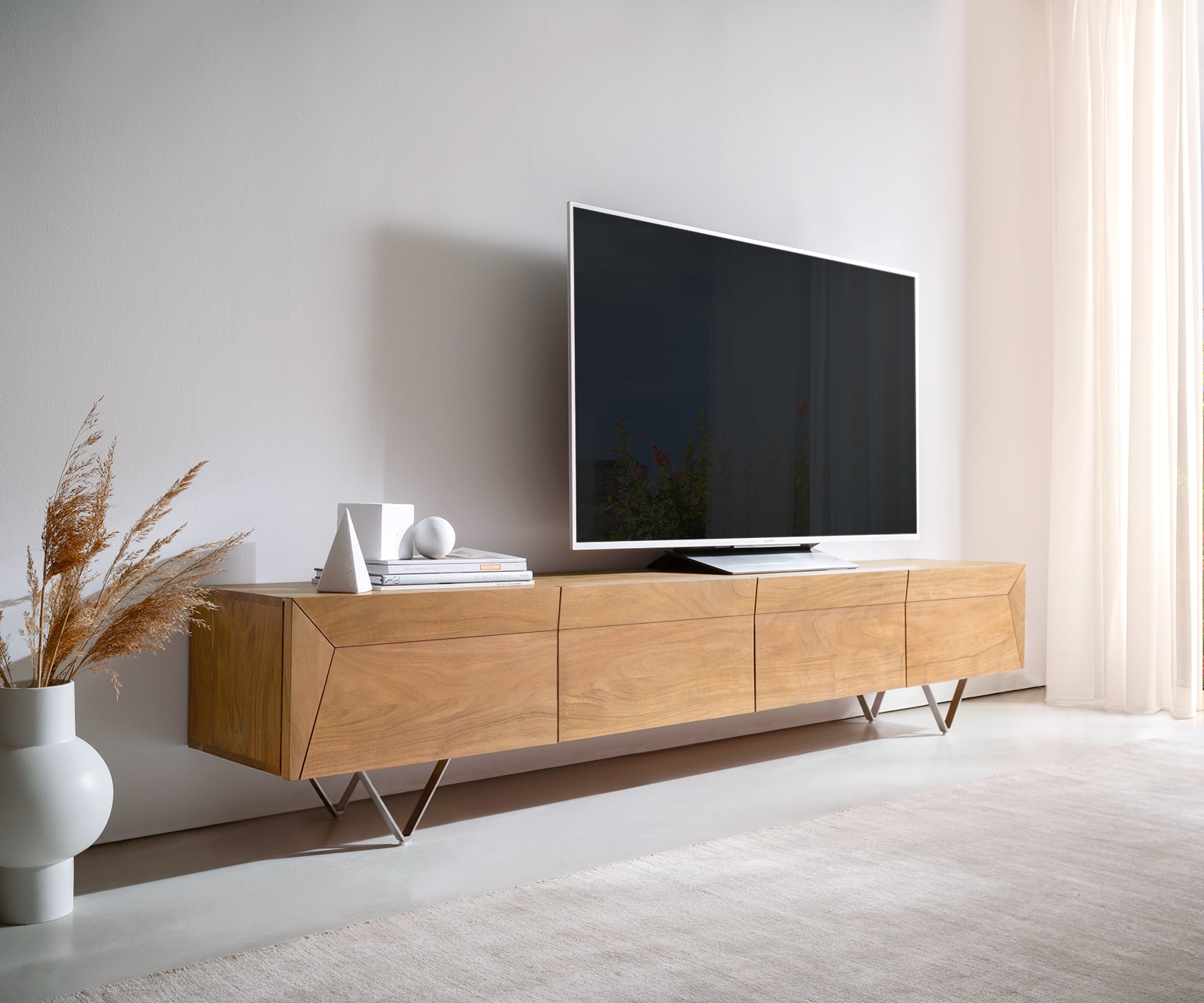 Tv-meubel Kayu 220 cm acacia natuur 4 deuren V-poot Tv-meubel Kayu 220 cm acacia natuur 4 deuren V-poot
