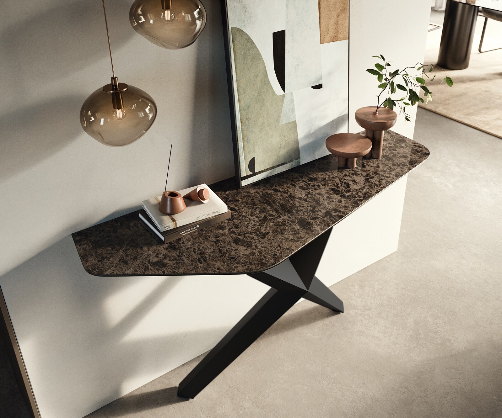 Consoletafel Edge Polygonaal 140x50 cm Keramiek Emperador Extra Lucidato Dunkelbraun Zentharo Metaal Zwart 1