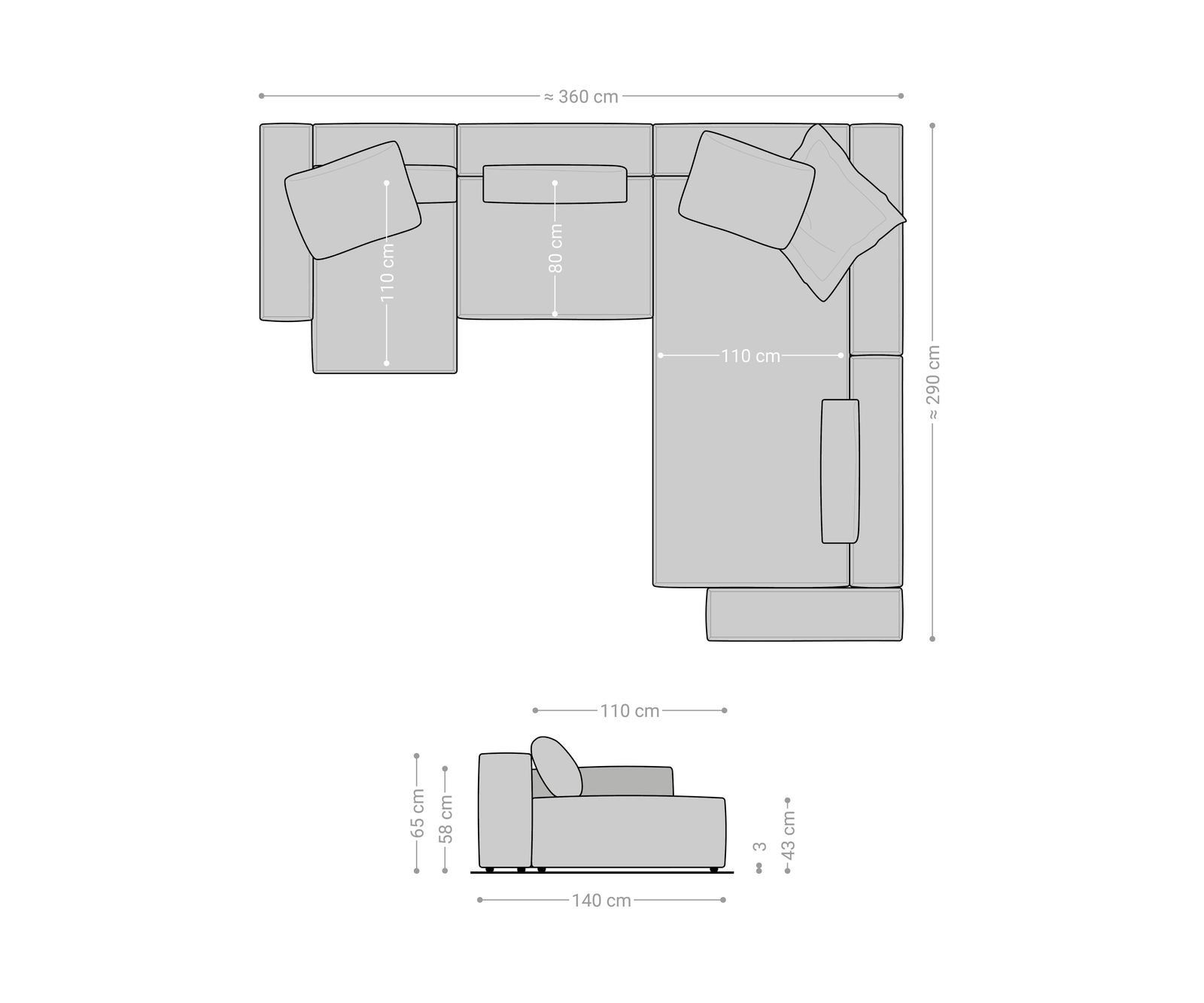 Woonkamer landschap Freestyle 360x290 cm Zachte stof met structuur Grijs gestikt 6