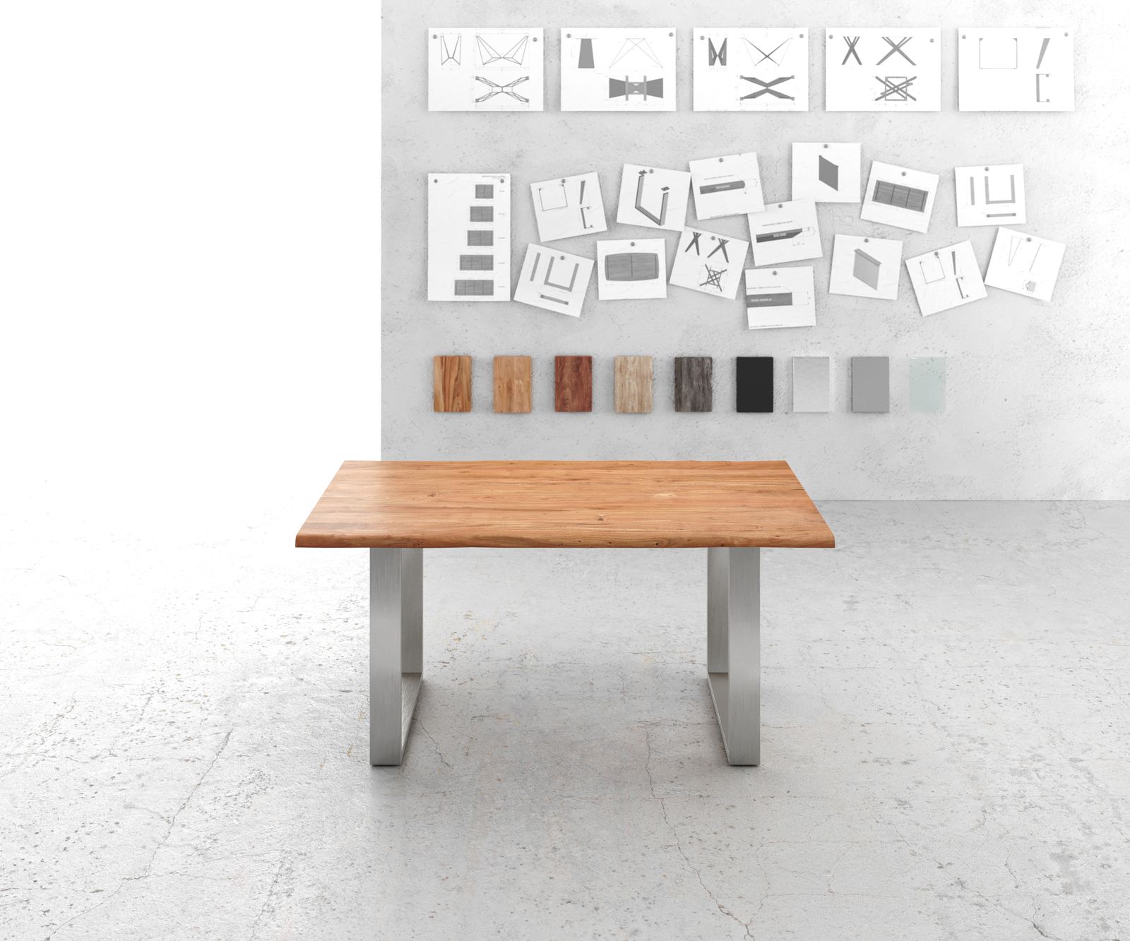 Eettafel Edge 160x90cm acacia natuur roestvrijstaal smal Live-Edge 1