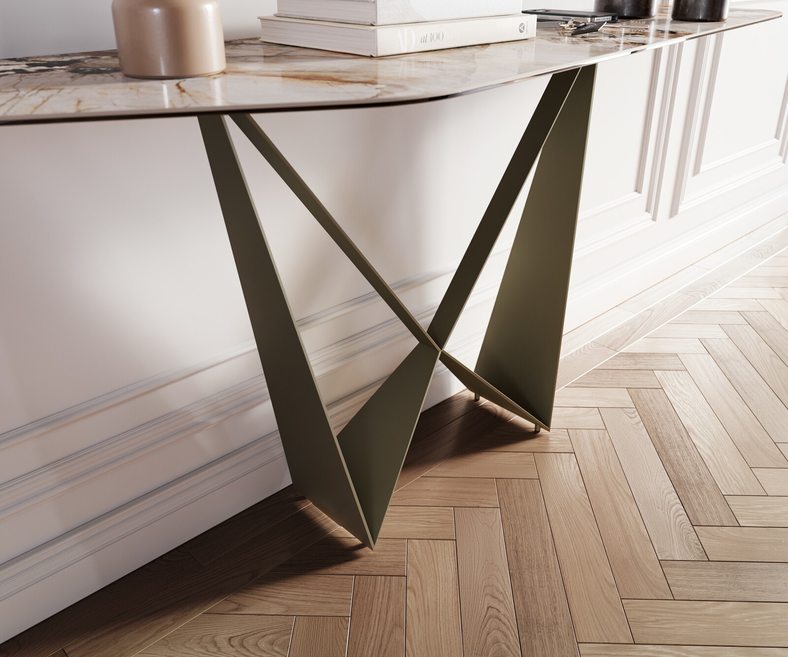 Consoletafel Edge Polygonaal 180x50 cm Keramiek Patagonia Poliert Spios Metaal Effektfinish Titan 6
