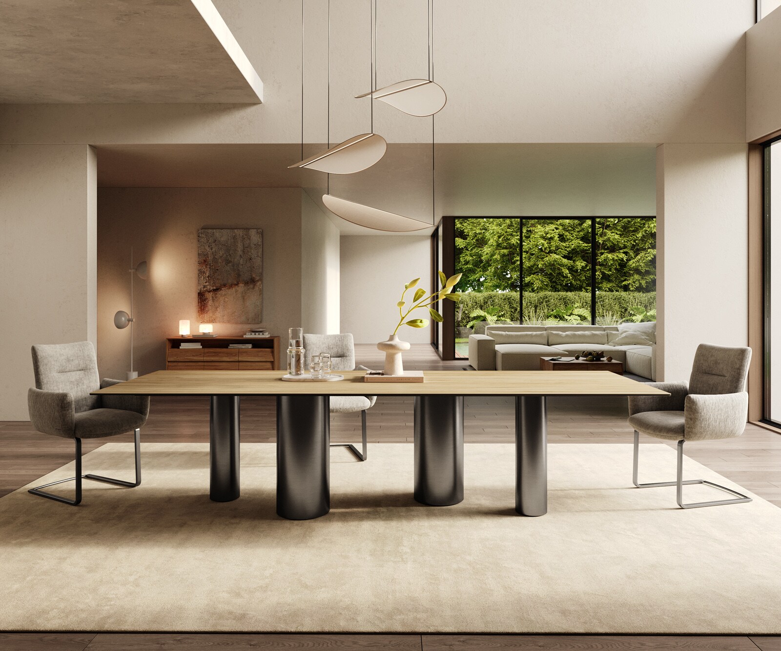 Eetkamertafel Edge 300x100 keramiek Laminam® Sabbia eiken kleur Pilier roestvrij staal grafiet 2