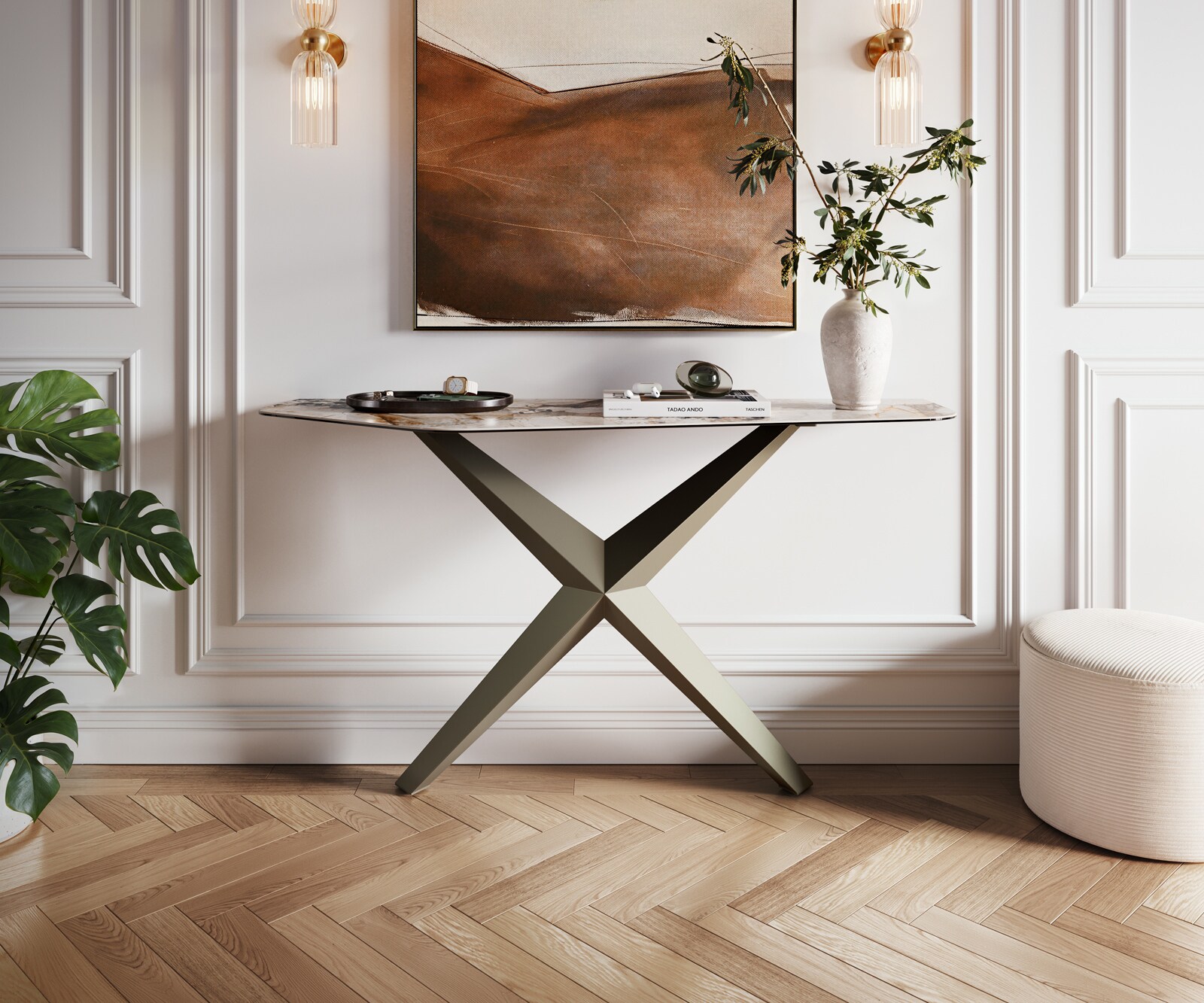 Consoletafel Edge Polygonaal 140x50 cm Keramiek Patagonia Poliert Zentharo Metaal Effektfinish Titan 4