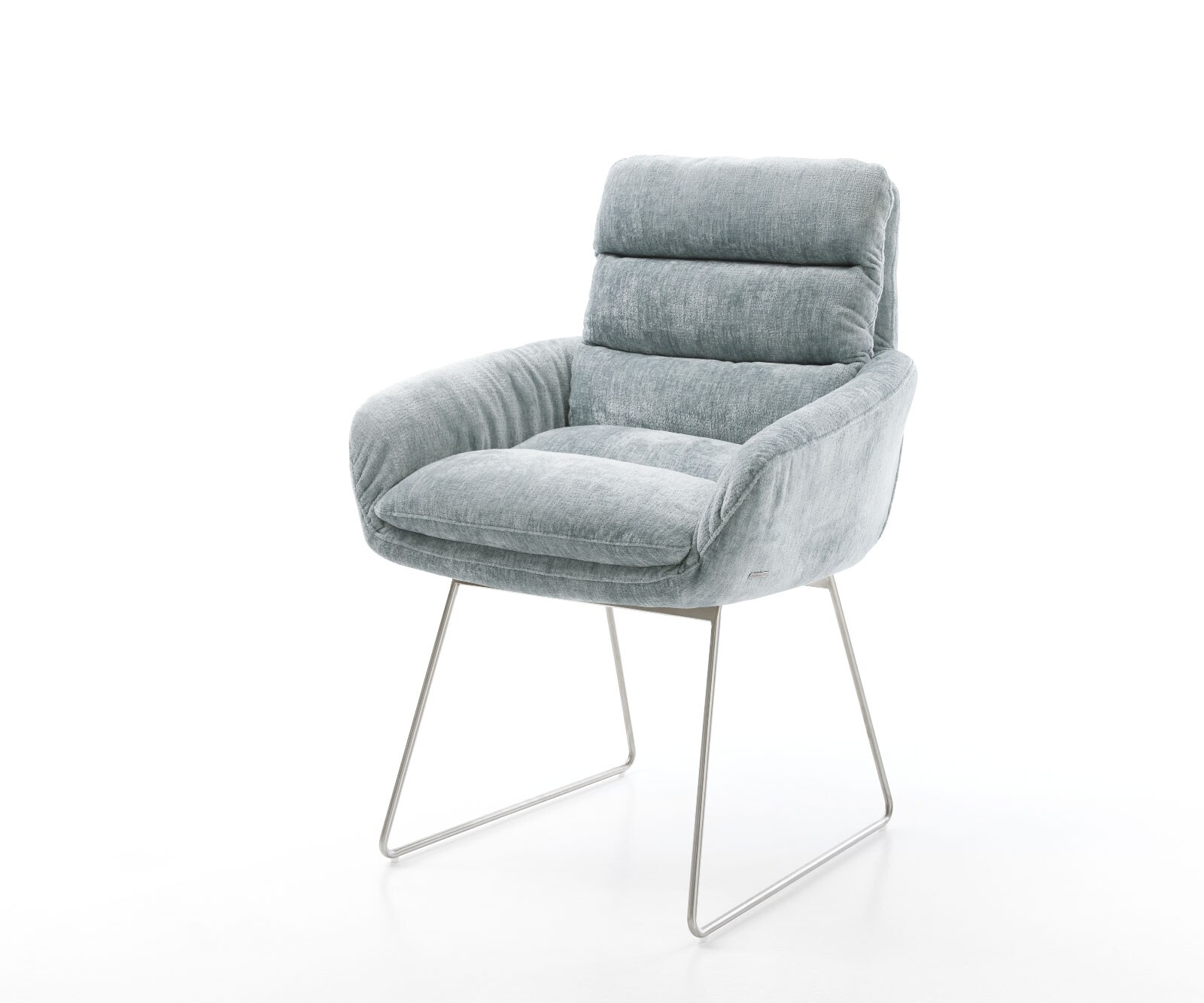 Eetkamerstoel Abelia-Flex met armleuning chenille pastelblauw slipframe roestvrij staal
