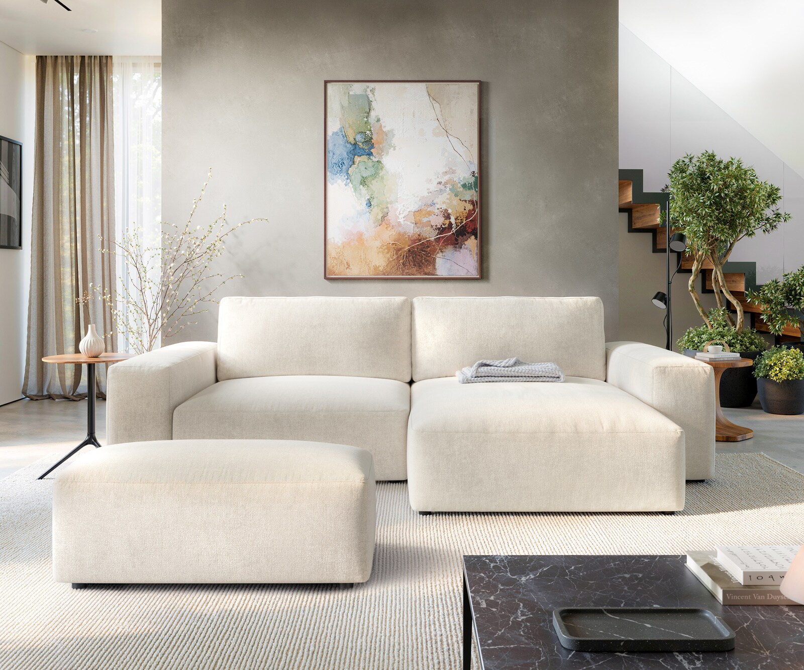 Hoekbank Lanzo XL 270x180 cm Zachte structuurstof Beige Chaise longue variabel met hocker 2