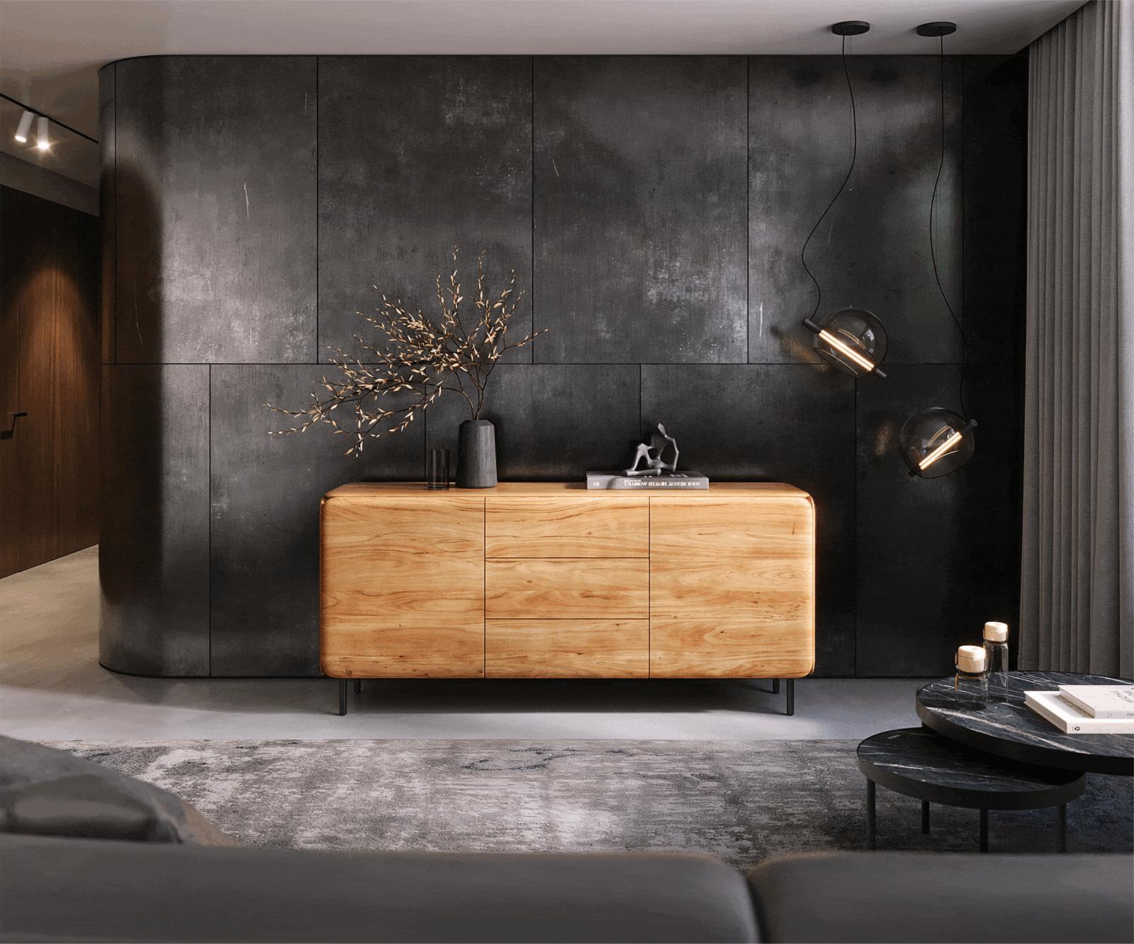 Dressoir Shavani 175 cm acacia natuur 2 deuren 3 lades Ronde voet Metaal Zwart 1