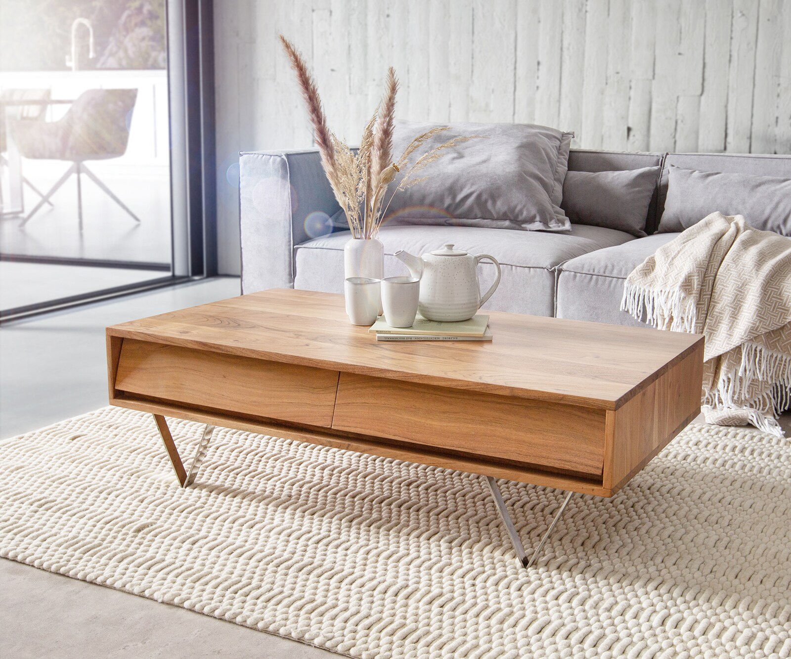 DELIFE Salontafel Eloi Acacia Natuur 115x60 cm 4 Laden V-Poot RVS