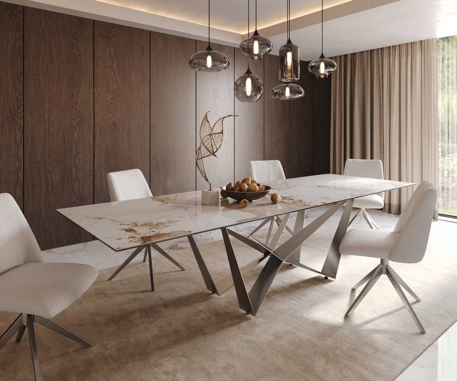Eetkamertafel Edge 300x100 keramiek Minas Melange wit-beige spider vlak staal RVS 1