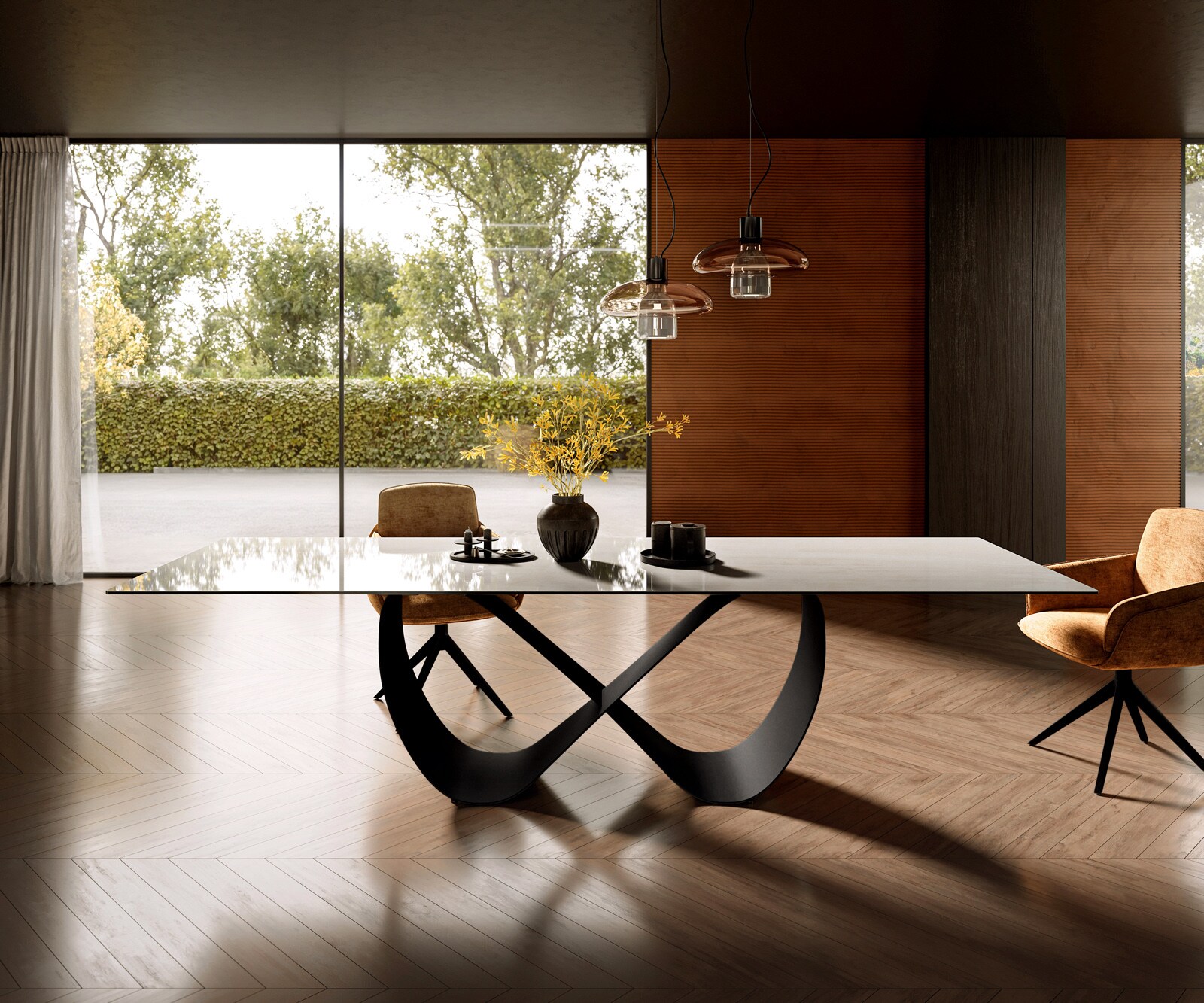 Eettafel Edge 300x100 cm keramiek Onyx Champagne Infinity metaal zwart 1