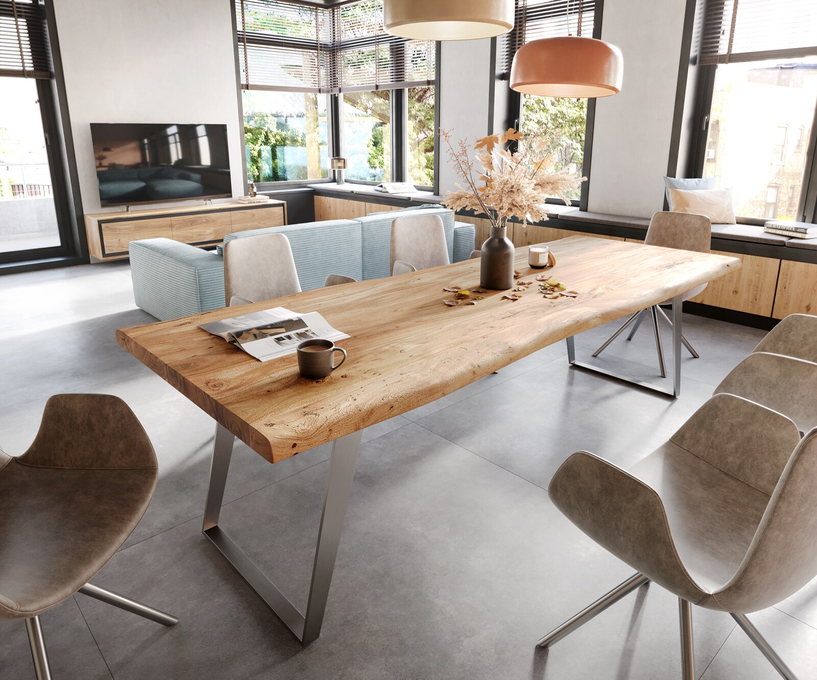 Eettafel Edge 260x100cm XL acacia natuur roestvrijstaal zilver schuin Live-Edge