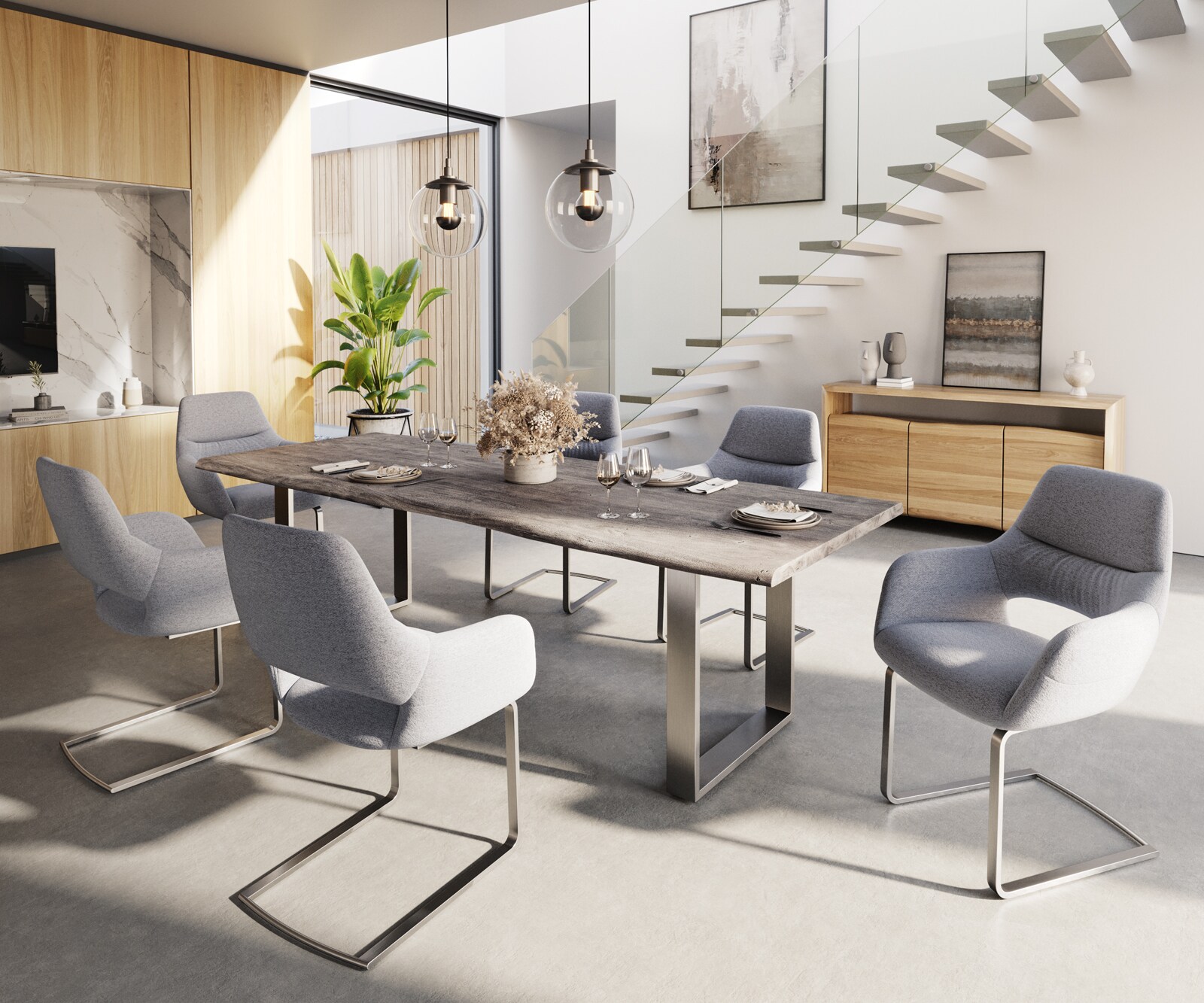 Eettafel Edge 260x100 acacia platina roestvrijstaal smal Live-Edge 5