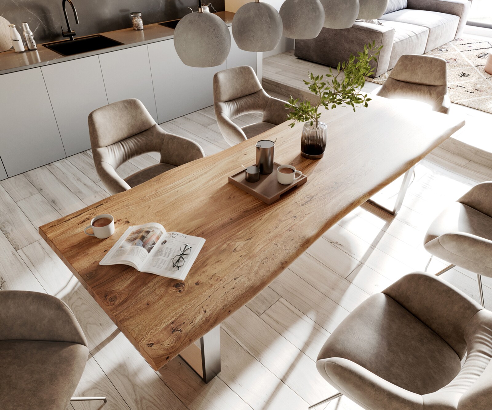 Eettafel Edge 280x100cm XL acacia natuur roestvrijstaal smal Live-Edge 3