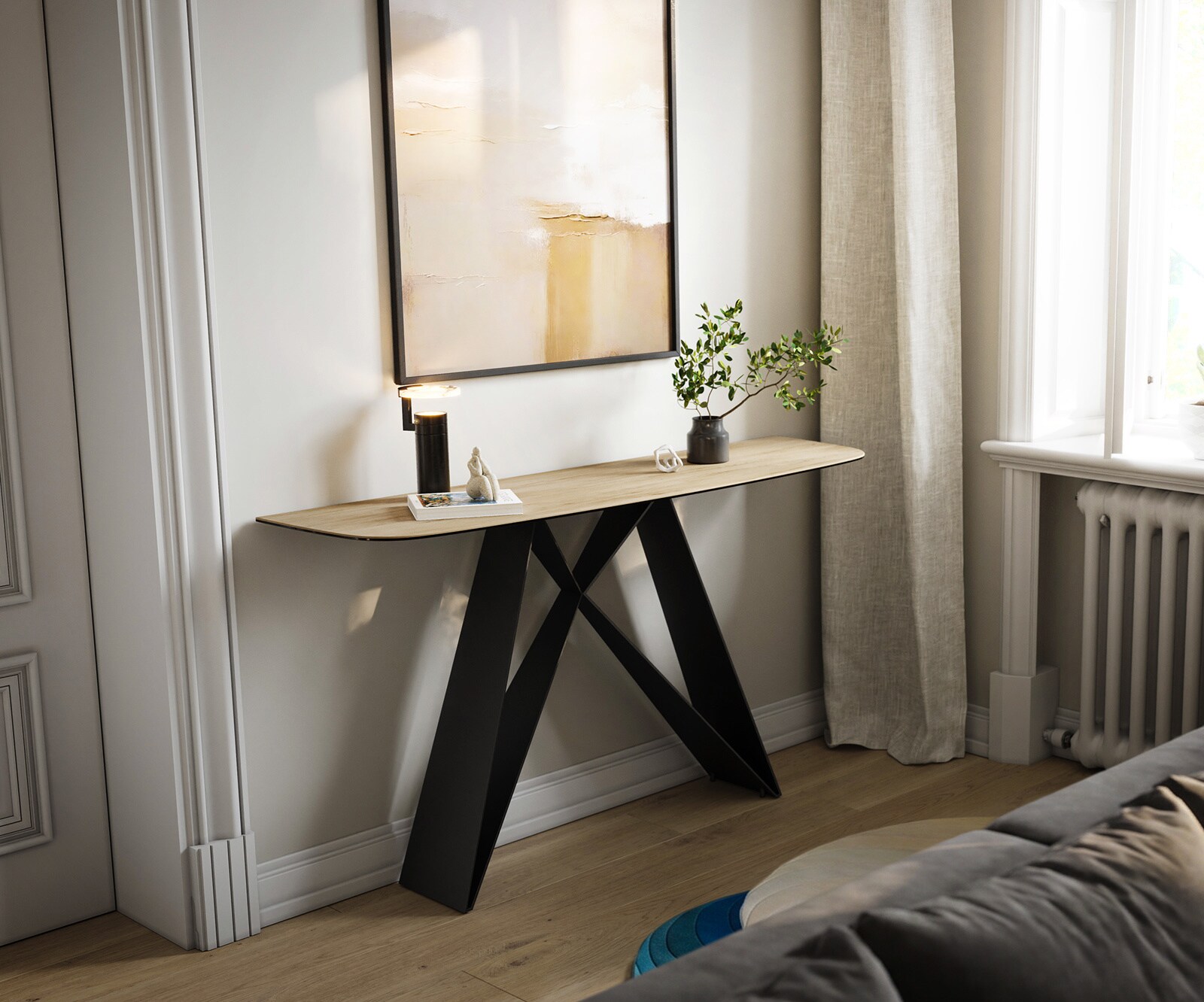 Consoletafel Edge Bootvorm 140x40 cm Keramiek Laminam® Sabbia Eichefarbig Velio Metaal Zwart 4