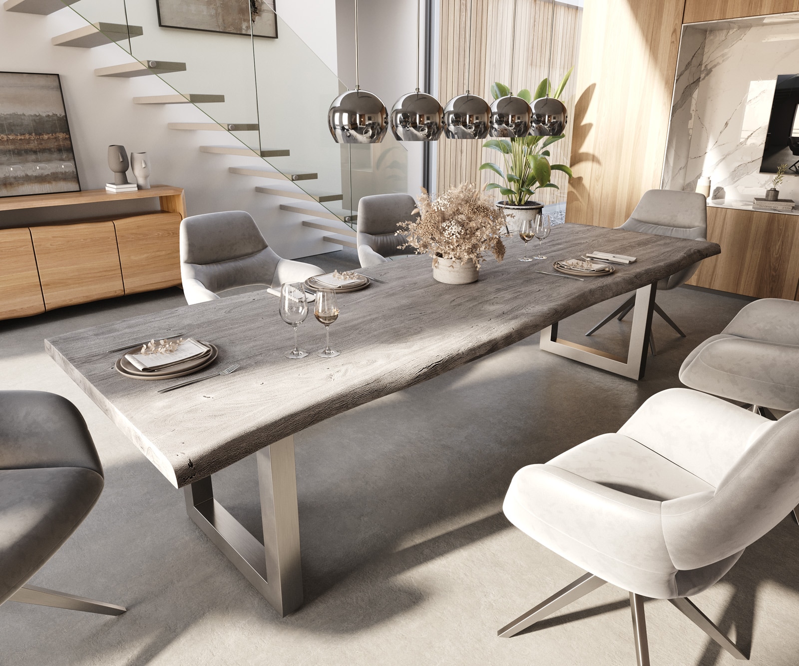 Eettafel Edge 300x100 XL acacia platina roestvrijstaal breed Live-Edge Eettafel Edge 300x100 XL acacia platina roestvrijstaal breed Live-Edge