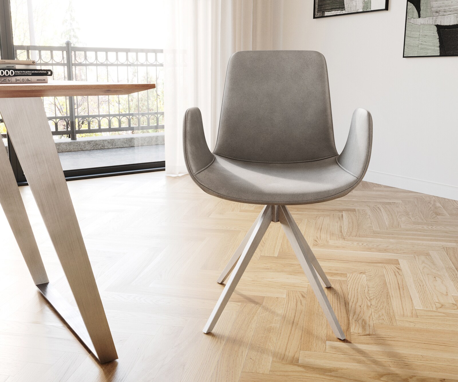 Eetkamerstoel Ilia-Flex met armleuning fluweel grijs kruisframe hoekig roestvrij staal 1 Eetkamerstoel Ilia-Flex met armleuning fluweel grijs kruisframe hoekig roestvrij staal 1