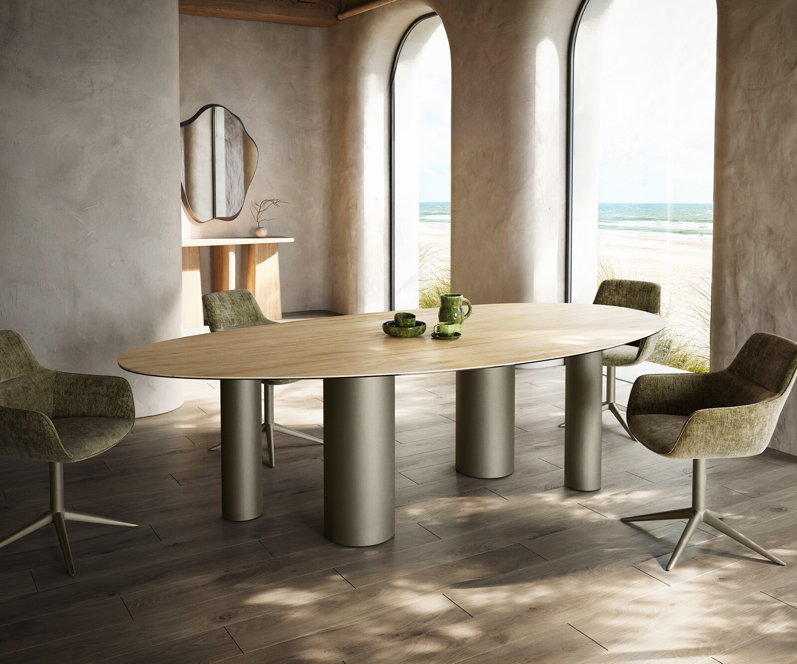 Eetkamertafel Edge ovaal 280x130 keramiek Laminam® Sabbia eiken kleur Pilier metaal effectafwerking titaan 1