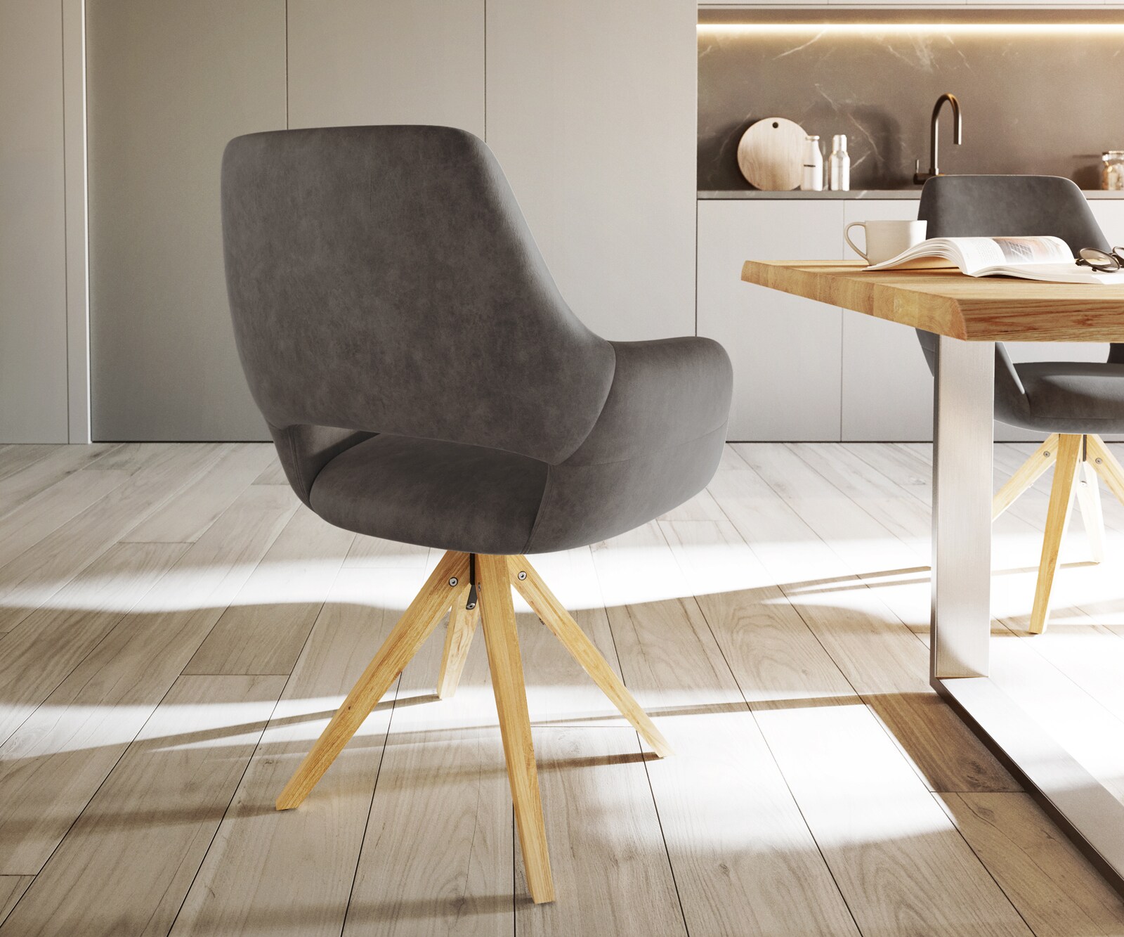 Eetkamerstoel Yago-Flex met armleuning microvelours antraciet vintage houten frame hoekig natuur pocketveer kern 5