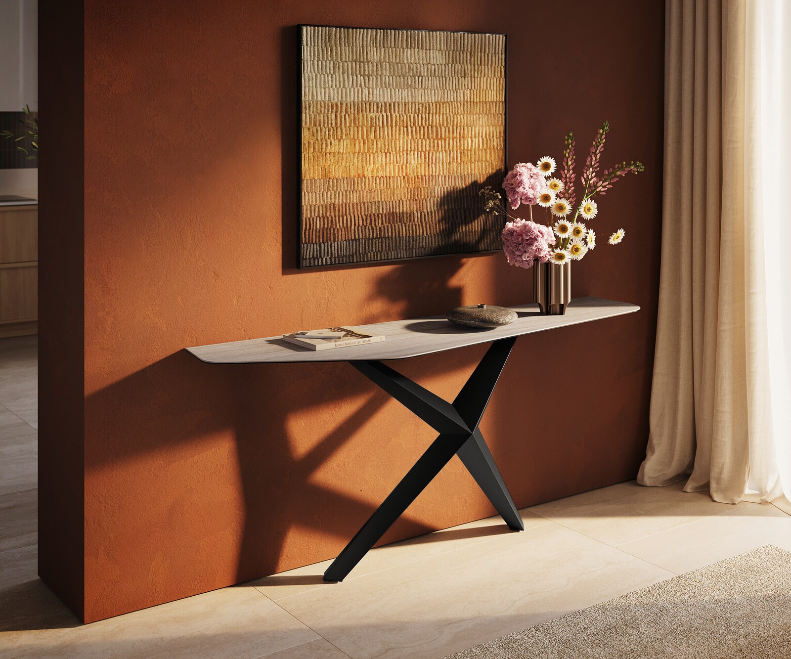 Consoletafel Edge Polygonaal 180x50 cm Keramiek Laminam® Travertino Bianco Creme-Weiß Zentharo Metaal Zwart 4